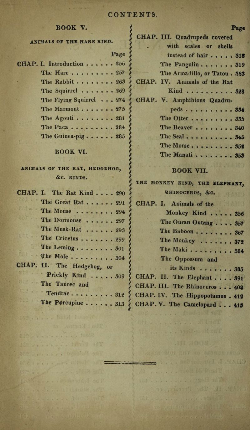 BOOK V. ANIMALS OF THE HARE KIND. Pag* CHAP. III. Quadrupeds covered with scales or shells Page } instead of hair I. Introduction . . . The Pangolin The Hare The Armadillo, or Tatou . The Rabbit CHAP. IV. Animals of the Rat The Squirrel . . • . Kind The Flying Squirrel * 5 . . . 274 J CHAP. V. Amphibious Quadru- The Marmout . . . . peds The Agouti The Otter f T The Paca ’ i . . . 284 J The Reaver . . _ . T , , The Guinea-pig . . . The Seal 323 328 334 BOOK VI. ANIMALS OF THE RAT, HEDGEHOG, &C. KINDS. CHAP. I. The Rat Kind .... 290 The Great Rat 291 The Mouse 294 The Dormouse 297 The Musk-Rat 293 The Cricetus 299 The Leming 301 The Mole CHAP. U. The Hedgehog, or Prickly Kind 309 The Tanrec and Tendrac 312 The Porcupine The Morse . 35* The Manati 353 BOOK VII. THE MONKEY KIND, THE ELEPHANT, RHINOCEROS, &C. CHAP. I. Animals of the Monkey Kind 356 The Ouran Outang . . . . 35T The Baboon The Monkey 373 The Maki 334 The Oppossum and its Kinds ....... 385 CHAP. II. The Elephant .... 391 CHAP. III. The Rhinoceros . . . 408 CHAP. IV. The Hippopotamus . 412