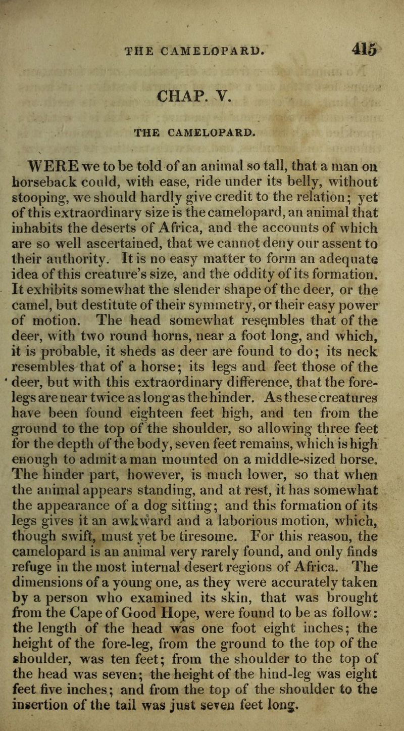 CHAP. V. THE CAMELOPARD. WERE we to be told of an animal so tall, that a man on horseback could, with ease, ride under its belly, without stooping, we should hardly give credit to the relation; yet of this extraordinary size is the camelopard, an animal that inhabits the deserts of Africa, and the accounts of which are so well ascertained, that we cannot deny our assent to their authority. It is no easy matter to form an adequate idea of this creature’s size, and the oddity of its formation. It exhibits somewhat the slender shape of the deer, or the camel, but destitute of their symmetry, or their easy power of motion. The head somewhat resqmbles that of the deer, with two round horns, near a foot long, and which, it is probable, it sheds as deer are found to do; its neck resembles that of a horse; its legs and feet those of the ‘ deer, but with this extraordinary difference, that the fore- legs are near twice as long as the hinder. As these creatures have been found eighteen feet high, and ten from the ground to the top of the shoulder, so allowing three feet for the depth of the body, seven feet remains, which is high enough to admit a man mounted on a middle-sized horse. The hinder part, however, is much lower, so that wrhen the animal appears standing, and at rest, it has somewhat the appearance of a dog sitting; and this formation of its legs gives it an awkward and a laborious motion, which, though swift, must yet be tiresome. For this reason, the camelopard is an animal very rarely found, and only finds refuge in the most internal desert regions of Africa. The dimensions of a young one, as they were accurately taken by a person who examined its skin, that was brought from the Cape of Good Hope, were found to be as follow: the length of the head was one foot eight inches; the height of the fore-leg, from the ground to the top of the shoulder, was ten feet; from the shoulder to the top of the head was seven; the height of the hind-leg was eight feet five inches; and from the top of the shoulder to the insertion of the tail was just seven feet long.