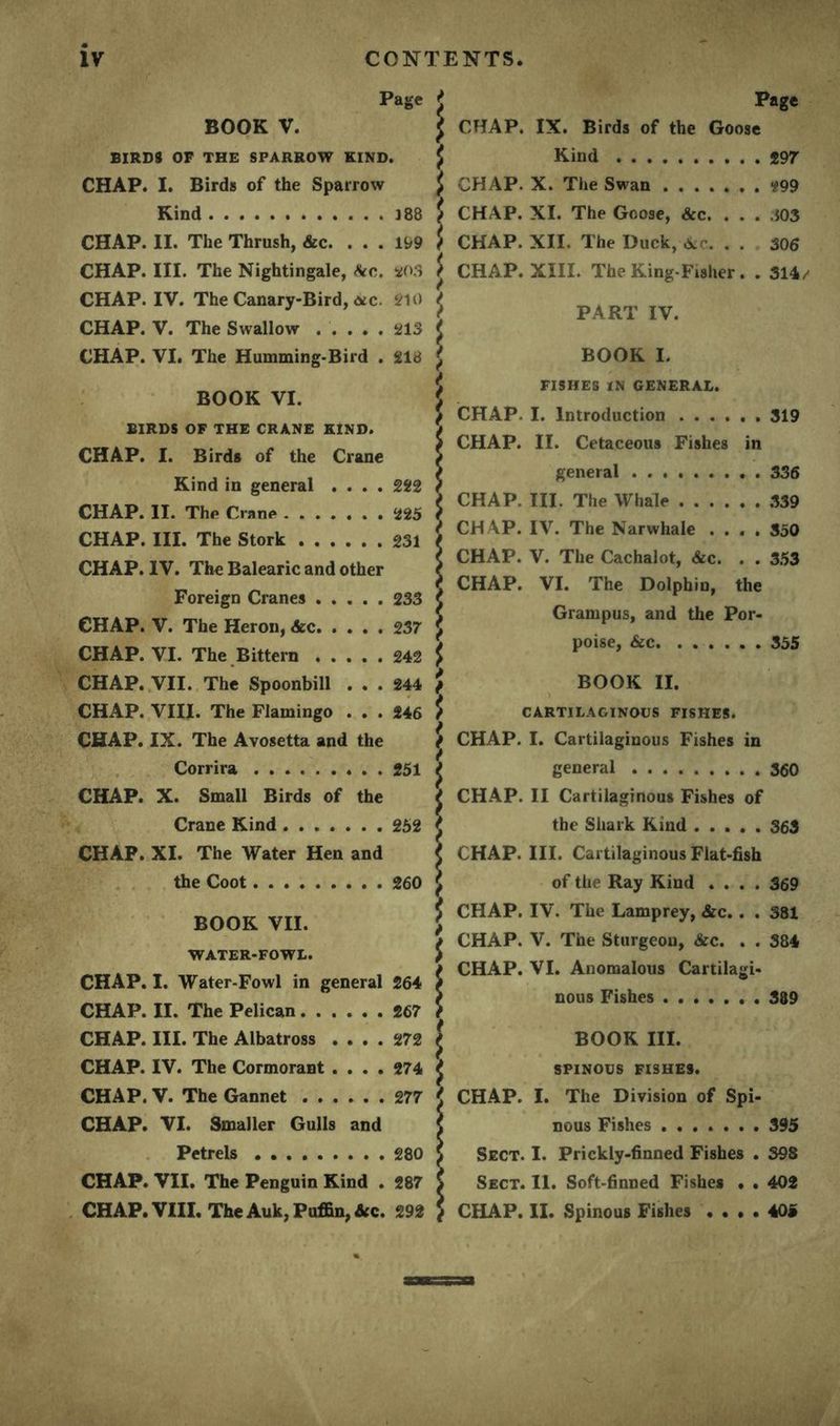 Page J Page BOOK V. I CHAP. IX. Birds of the Goose BIRDS OP THE SPARROW KIND. J Kind S97 CHAP. I. Birds of the Sparrow ^ CHAP. X. The Swan ?99 Kind 188 f CHAP. XI. The Goose, &c. . . . ,503 CHAP. II. The Thrush, &c. ... 199 i CHAP. XII. The Duck, dec. . . . 306 CHAP. III. The Nightingale, <S^c. «os i CHAP. XIII. The King-Fisher. . 314/ CHAP. IV. The Canary-Bird, <yc. S?10 J CHAP. V. The Swallow ..... 213 J CHAP. VI. The Humming-Bird . 218 i PART IV. BOOK VI. BIRDS OF THE CRANE KIND. CHAP. I. Birds of the Crane Kind in general .... 222 CHAP. II. The Crane . 225 CHAP. III. The Stork 231 CHAP. IV. The Balearic and other Foreign Cranes ..... 233 CHAP. V. The Heron, &c, .... 237 CHAP. VI. The Bittern 242 CHAP. VII. The Spoonbill ... 244 CHAP. VIII. The Flamingo ... 246 CHAP. IX. The Avosetta and the BOOK I. FISHES IN GENERAL. CHAP. I. Introduction 319 CHAP. II. Cetaceous Fishes in general 336 CHAP. III. The Whale .339 CHAP. IV. The Narwhale .... 330 CHAP. V. The Cachalot, See. . . 3.53 CHAP. VI. The Dolphin, the Grampus, and the Por- poise, &c 335 BOOK II. CARTILAGINOUS FISHES. CHAP. I. Cartilaginous Fishes in Corrira .... / general 360 CHAP. X. Small Birds of the f CHAP. II Cartilaginous Fishes of Crane Kind. . c the Shark Kind 363 CHAP. XI. The Water Hen and ^ CHAP. III. Cartilaginous Flat-fish . . the Coot.... ^ of the Ray Kind .... 369 BOOK VII. J CHAP. IV. The Lamprey, &c.. . 381 WATER-FOWL. ^ CHAP. V. The Sturgeon, &c. . . 384 general 264 / CHAP. VI. Anomalous Cartilagi- CHAP. I. Water-Fowl in / nous Fishes 389 CHAP. II. The Pelican. CHAP. III. The Albatross .... 272 f CHAP. IV. The Cormorant .... 274 J CHAP. V. The Gannet 277 < CHAP. VI. Smaller Gulls and < Petrels 280 ^ CHAP. VII. The Penguin Kind . 287 i CHAP. Vlll. The Auk, Puffin, &c. 292 $ BOOK III. SPINOUS FISHES. CHAP. I. The Division of Spi- nous Fishes 395 Sect. I. Prickly-finned Fishes . 398 Sect. II. Soft-finned Fishes • • 402 CHAP. II. Spinous Fishes . • • . 405 41H
