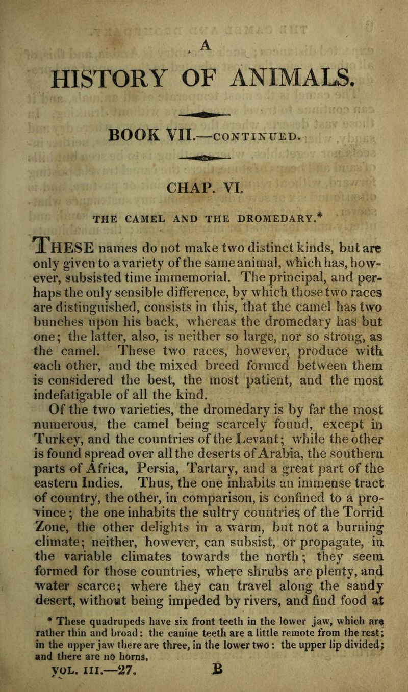 HISTORY OF ANIMALS. BOOK VII. —CONTINUED. CHAP. VI. THE CAMEL AND THE DROMEDARY.* These names do not make two distinct kinds, but are only given to a variety of the same animal, wbich has, how- ever, subsisted time immemorial. The principal, and per- haps the only sensible difference, by which those two races are distinguished, consists in this, that the camel has two bunches upon his back, whereas the dromedary has but one; the latter, also, is neither so large, nor so strong, as the camel. These two races, however, produce with, each other, and the mixed breed formed between them is considered the best, the most patient, and the most indefatigable of all the kind. Of the two varieties, the dromedary is by far the most numerous, the camel being scarcely found, except in Turkey, and the countries of the Levant; while the other is found spread over all the deserts of Arabia, the southern parts of Africa, Persia, Tartary, and a great part of the eastern Indies. Thus, the one inhabits an immense tract of country, the other, in comparison, is confined to a pro- vince ; the one inhabits the sultry countries of the Torrid Zone, the other delights in a warm, but not a burning climate; neither, however, can subsist, or propagate, in the variable climates towards the north; they seem formed for those countries, where shrubs are plenty, and water scarce; where they can travel along the sandy desert, without being impeded by rivers, and find food at * These quadrupeds have six front teeth in the lower jaw, which are rather thin and broad; the canine teeth are a little remote from the rest; in the upper jaw there are three, in the lower two: the upper lip divided; and there are no horns. VOL. III.—27, B