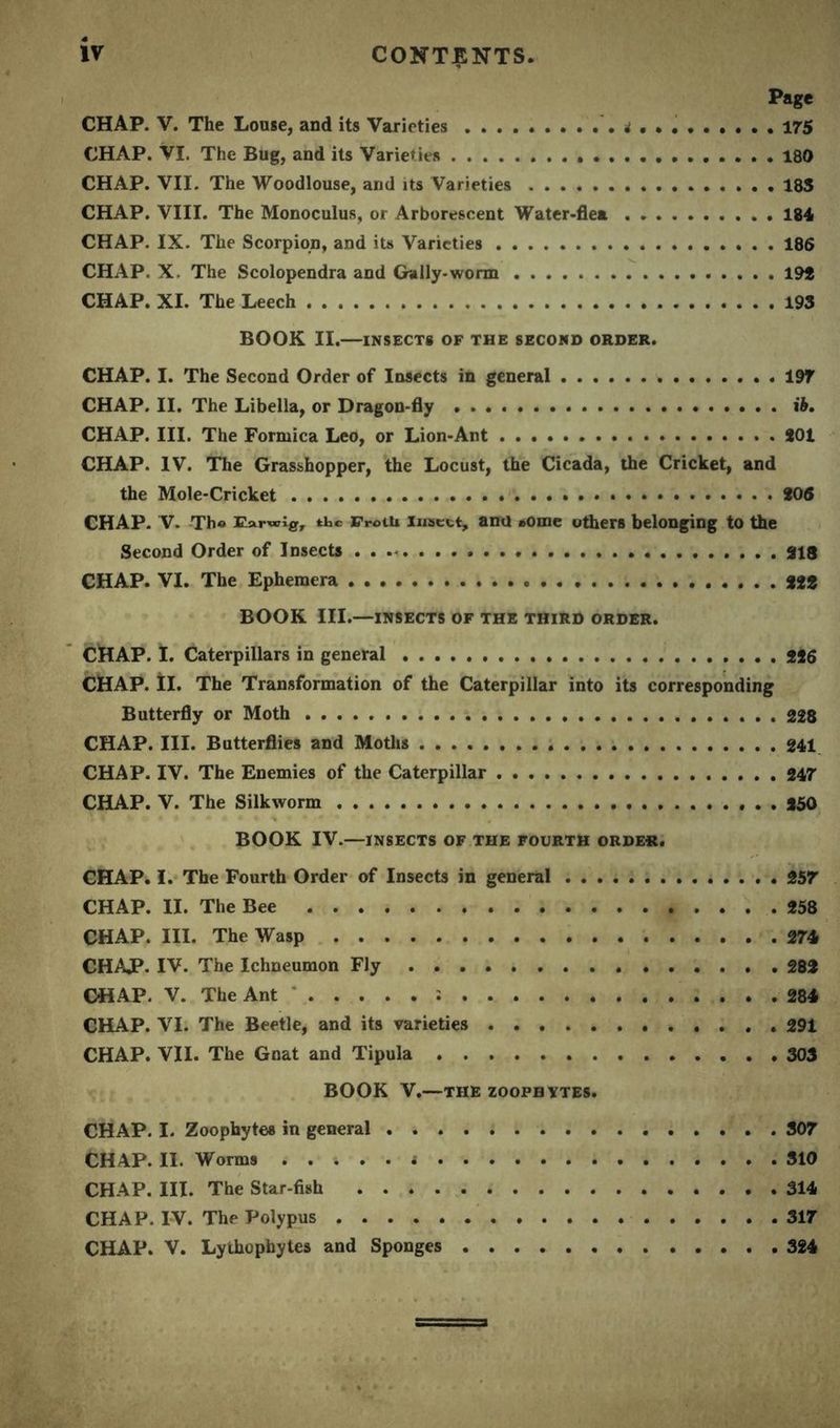 Page CHAP. V. The Louse, and its Varieties *. 1 • . 175 CHAP. VI. The Bug, and its Varieties 180 CHAP. VII. The Woodlouse, and its Varieties 185 CHAP. VIII. The Monoculus, or Arborescent Water-flea 184 CHAP. IX. The Scorpion, and its Varieties 186 CHAP. X. The Scolopendra and Gaily-worm 19* CHAP. XI. The Leech 195 BOOK II.—INSECTS OF THE SECOND ORDER. CHAP. I. The Second Order of Insects in general 197 CHAP. II. The Libella, or Dragon-fly ib. CHAP. III. The Formica Leo, or Lion-Ant . *01 CHAP. IV. The Grasshopper, the Locust, the Cicada, the Cricket, and the Mole-Cricket 206 CHAP. V. Th« Earwig, the Pro til insect, ami some others belonging to the Second Order of Insects 213 CHAP. VI. The Ephemera BOOK III.—INSECTS OF THE THIRD ORDER. CHAP. I. Caterpillars in general 226 CHAP. II. The Transformation of the Caterpillar into its corresponding Butterfly or Moth 228 CHAP. III. Butterflies and Moths 241 CHAP. IV. The Enemies of the Caterpillar 247 CHAP. V. The Silkworm 250 BOOK IV.—INSECTS OF THE FOURTH ORDER. CHAP. I. The Fourth Order of Insects in general 257 CHAP. II. The Bee 258 CHAP. III. The Wasp 274 CHAJP. IV. The Ichneumon Fly 282 CHAP. V. The Ant ; 284 CHAP. VI. The Beetle, and its varieties 291 CHAP. VII. The Gnat and Tipula 303 BOOK V.—THE ZOOPBYTES. CHAP. I. Zoophytes in general 307 CHAP. II. Worms ..... 310 CHAP. III. The Star-fish 314 CHAP. IV. The Polypus 317 CHAP. V. Lythophytes and Sponges 324
