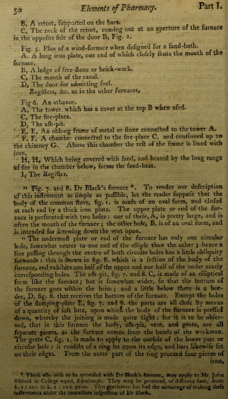 5 a 'Elements tf Pharmacy* B, A retort, fupported on the bars. C, The neck of the retort, coming out at an aperture of the furnace in the oppohte fide of the door B, Fig. 2. Tig. r. Plan of a wind-furnace when defigned for a fand-bath. A, A long iron plate, one end of which clofely fliuts the mouth of the furnace. B, A ledge of free-flonc or brick-work. C, The mouth of the canal. x), T he door for admitting fuel. Registers, See. as in the other furnaces. Fig 6. An athanor. A, The tower, which has a cover at the top B when ulea. C, The fire-place. D, T he alh-pit. ! E, E, An oblong frame of metal or ftone connc&ed to the tower A. F, F, A chamber connefted to the fire place C, and continued up to the chimney G. Above this chamber the reft of the frame is lined with: U°H, H, Which being covered with fand, and heated by the long range cf fire in the chamber below, forms the fand-heat. I,- The Regifler, *• Rig. y. and 8. Dr Black’s furnace *. To render our deferiptioit cf this mffroment as fnViple as pofliblc, let the reader fuppofe that the body of the common ftove, fig. 1. is made of an oval form, and clofed at each end by a thick iron plate. The upper plate or end of the fur- nace is perforated with two holes : one of thefe, A, is pretty large, and is often the mouth of the furnace ; the other hole, B, is of an oval form, and is intended for ferewing down the vent upon. “ The undermoft plate or end of the furnace has only one circular hole, fomevvhat nearer to One end of the ellipfc than the other ; hence a line palling through the centre of both circular holes lias a little obliquity forwards : this is fhown in fig. 8. which is a fe&ion of the body of the furnace, and exhibits one half of the upper and one half of the under nearly correfponding holes. The afh-pit, fig. 7. and 8. C, is made of an elliptical form like the furnace; but is fomewhat wider, fo that the bottom of the furnace goes within the brim ; and a little below there is a bor- der, X>, fig* 8. that receives the bottom of the furnace. Except the holes of the damping-plate E, fig. 7. and tf. the parts are all dole by means of a quantity of foft lute, upon whiefi the body of the furnace is prefled down, whereby the joining is made quite tight: for it is to be obfer- ved, that in this furnace the body, afh-pit, vent, and grate, are all feparate pieces, as the furnace comes from the hands of the woikman. The grate C, fig. 1. is made to apply to the outfide of the lower part or circular hole : it confiils of a ring fet upon its edge, and bars likewii'e fet on their edgC3. From the outer part of the ring proceed four pieces of . iron, * Thofe who wtfli to he provided wtth Dr Black’s furnace,, may apply to Mr John Sibbald in College wynd, Edinburgh. They may be procured, of different fizes, from i,. i : 10?. to L. z : 10 s. price. This rcntleman has had the advantage of making lh«fo huftr umenta under the immediate iu/pcition of l>r black.