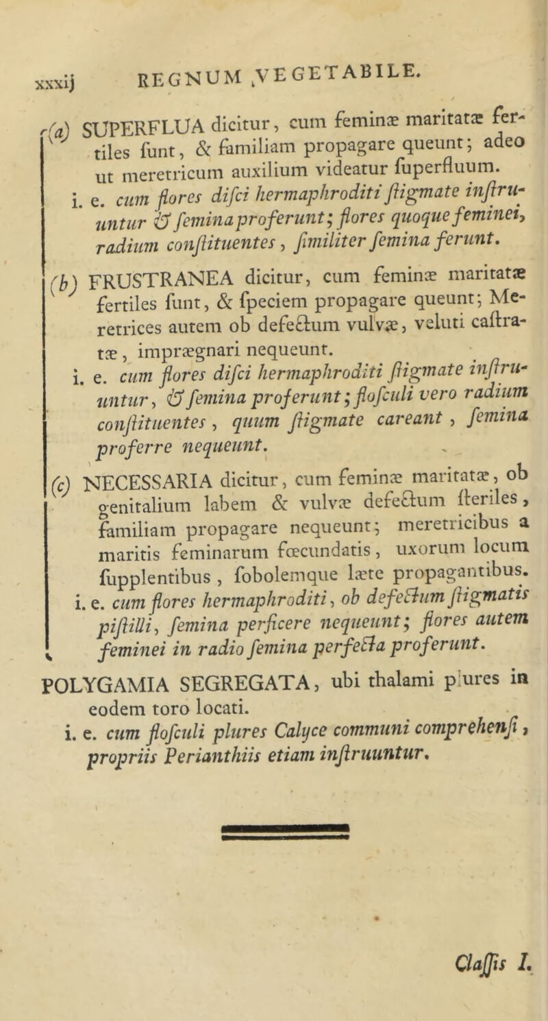 rra) SUPFRFLUA dicitur, cum feminae maritata fer- v tiles funt, & familiam propagare queunt; adeo ut meretricum auxilium videatur fuperfluum. i. e. cum flores difci hermaphroditi ftigmate inftru- untur V femina proferunt; flores quoque feminei, radium conjiituentes, fimiliter femina ferunt. 'b) FRUSTRANEA dicitur, cum feminae maritatae V fertiles funt, & fpeciem propagare queunt; Me- retrices autem ob defe&um vulvae, veluti caflra- , impraegnari nequeunt. i. e. cum flores difci hermaphroditi ftigmate inftru- untur, fj femina proferunt; flofculi vero radium conjiituentes , quum ftigmate caveant , femina proferre nequeunt. (c) NECESSARIA dicitur, cum feminae maritatae, ob genitalium labem & vulvae defeflum f eriles , familiam propagare nequeunt; meretricibus a maritis feminarum fcecundatis, uxorum locum (lippientibus , fobolemque Iste propagantibus, i. e. cum flores hermaphroditi, ob defeftum ftigmatis piftilli, femina perficere nequeunt; flores autem feminei in radio femina perfecia proferunt. POLYGAMIA SEGREGATA, ubi thalami piures in eodem toro locati. i. e. cum flofculi piures Calyce communi comprehenfi, propriis Perianthiis etiam inftruuntur. ClaJJis L