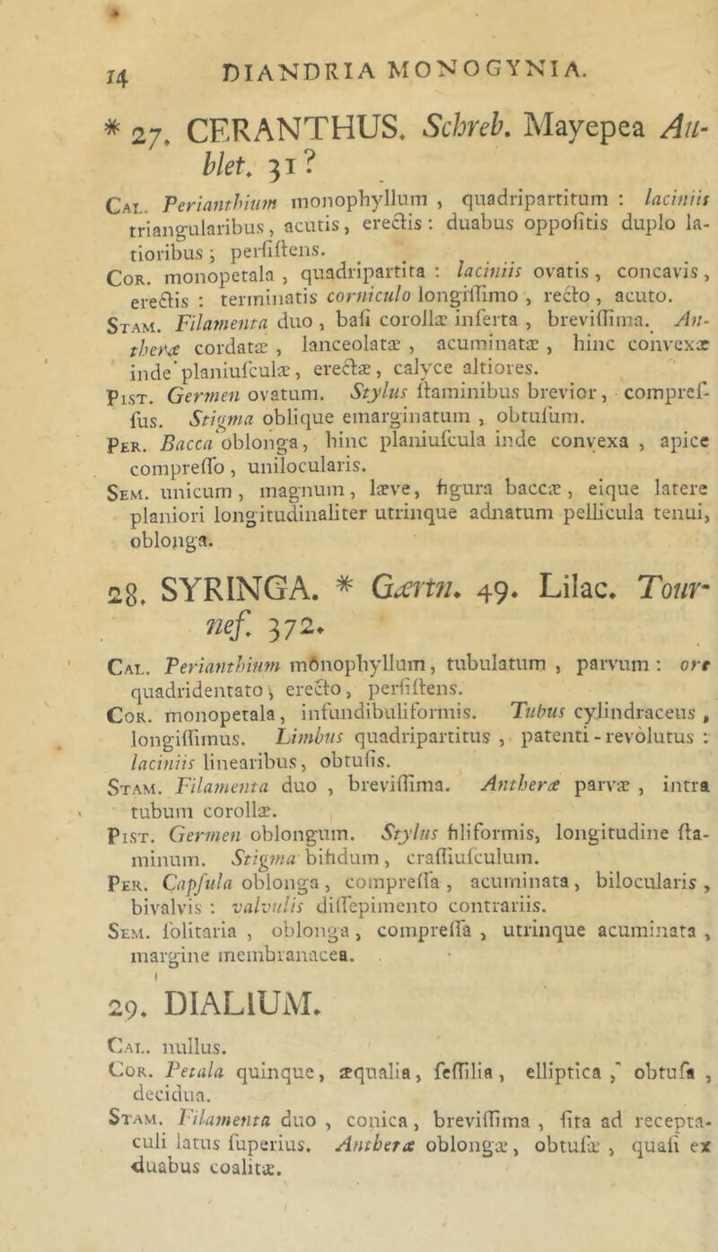 H * 27. CF.RANTHUS. Schreb. Mayepea Au- blet. 31? Cat. Perianthiutn monophyllum , quadripartitum : laciniis  triangularibus, acutis, eredis : duabus oppolitis duplo la- tioribus ; perfiflens. Cor. monopetala , quadripartita: laciniis ovatis, concavis, eredis : terminatis corniculo longrfiimo , redo , acuto. Stam. Filamenta duo , bafi corolla: inferta , brevifiima. An- fhette cordatae , lanceolatse , acuminatae, hinc convexae inde‘planiufculae, eredae, calyce dtiores. Pist. Germen ovatum. Stylus daminibus brevior, compref- fus. Stigma oblique emarginatum , obtulum. Per. jBrtcca obloiiga, hinc planiufcula inde convexa , apice compreflo, uniloeularis. Sem. unicum, magnum, laeve, hgura baccae, eique latere planiori longitudinaliter utrinque adnatum pellicula tenui, oblonga. 28. SYRINGA. # Gartn. 49. Lilac. Tonr- nef. 372. Cat.. Perianthinm mfmophyllum, tubulatum , parvum: ore quadridentato \ eredo, perfidens. Cor. monopetala, infundibuliformis. Tubus cyjindraceus , longidiinus. Limbus quadripartitus, patenti - revolutus : laciniis linearibus, obtufis. Stam. Filamenta duo , brevifiima. Antherx parvae , intra tubum corollae. Pist. Germen oblongum. Stylus filiformis, longitudine da- minum. Stigma bifidum , crafliufculum. Per. Capfula oblonga, compreda, acuminata, bilocularis , bivalvis : valvulis difiepimento contrariis. Sem. folitaria , oblonga, compreda , utrinque acuminata , margine membranacea. . 29. DIALIUM. Cai.. nullus. Cor. Petala quinque, trqualia, fedilia , elliptica,' obtufa , decidua. Stam. Filamenta duo , conica, brevifiima , fita ad recepta- culi latus fuperius. Antberx oblonga:, obtulit1 , quali ex duabus coalita:.