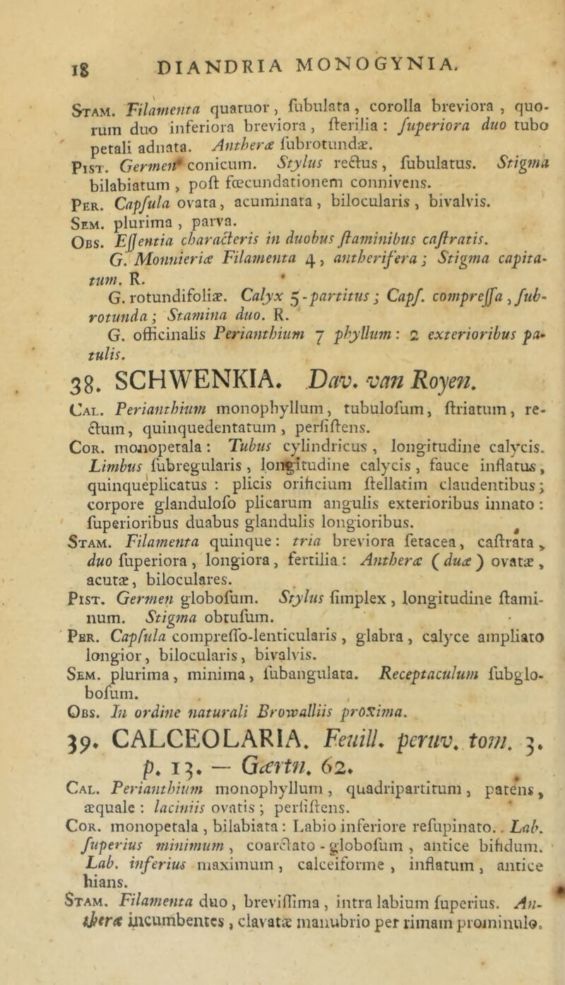 Stam. Filamenta quatuor , fubulata , corolla breviora , quo- rum duo inferiora breviora, fberilia : /uberiora dito tubo petali adnata. Anthera fubrotunds. Pist. GermeiP conicum. Stylus reftus, Tubulatus. Stigma bilabiatum , poft fcecundationem connivens. Per. Capfula ovata, acuminata , bilocularis , bivalvis. Sem. plurima , parva. Obs. EUentia characteris in duobus flaminibus caflratis. G Monuieria Filamenta 4, anthcrifera; Stigma capita- tum. R. * G. rotundifolis. Calyx 5 - partitus j Capf. comprcjfa >fub- rotunda; Stamina duo. R. G. officinalis Perianthium 7 phyllum: 2 exterioribus pa- tulis. 38. SCHWENKIA. Dav. van Royen. Cal. Perianthium monopbyllum, tubulofum, ftriatum, re- chun, quinquedentatum , perfiflens. Cor. monopetala: Tubus cylindricus , longitudine calycis. Limbus fubregularis , longitudine calycis , fauce inflatus, quinqueplicatus : plicis orificium ftellatim claudentibus; corpore glandulofo plicarum angulis exterioribus innato : fuperioribus duabus glandulis longioribus. Stam. Filamenta quinque: tria breviora fetacea, caftrata duo fuperiora , longiora , fertilia : Anthera ( dua ) ovats , acuts, biloculares. Pist. Germen globofum. Stylus fimplex , longitudine flami- num. Stigma obrufum. Per. Capfula compreflo-lenticularis , glabra , calyce ampliato longior, bilocularis, bivalvis. Sem. plurima, minima, lubangulata. Receptaculum fubglo- bofum. Obs. Iu ordine naturali Browalliis proxima. 39* CALCEOLARIA. Fenili* peruv. tom. 3. p* 13. — Gtertn. 62. Cal. Perianthium monopbyllum , quadripartitum , patens, squale : laciniis ovatis ; periiflens. Cor. monopetala , bilabiata: Labio inferiore refupinato.. Lab. fuperius minimum , coarclato - globofum , antice bifidum. Lab. inferius maximum , calceiforme , inflatum , antice hians. Stam. Filamenta duo, breviflima , intra labium fuperius. An- tjftrte incumbentes, clavats manubrio per rimam prominulo.