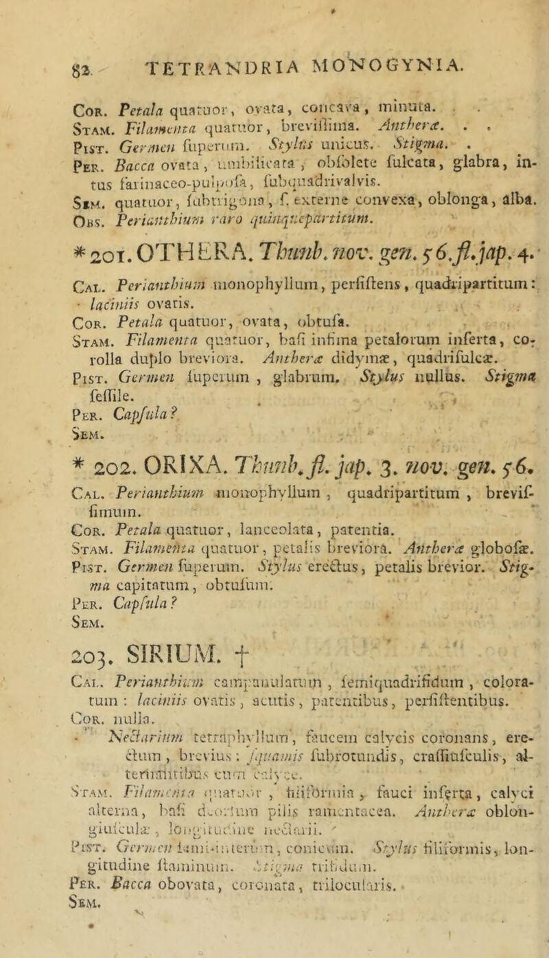 T E T R AN D RIA M ON O G YNI A. Cor. Petala quatuor, ovata, concava, minuta. Stam. Filamenta quaruor, breviilima. Anthera. . . Pist. Germen fuperum. Stylus unicus. Stigma. . Per. Bacca ovata, umbilicata , oMblete fulcata, glabra, in- tus farinaceo-pulpofa, fubquadrivalvis. S*m. quatuor, lubuigona, f. externe convexa, oblonga, alba. Oks. PerianthiuTi; raro quhiqtiepArtitum. * 20T. OTH ERA. Tbunb. nov. gen. 56.fl.jap. 4. Cai.. Perianthium nionophyllum, perfidens, quadripartitum: * laciniis ovaris. Cor. Petala quatuor, ovata, obtuli. Stam. Filamenta quatuor, bali intima petalorum inferta, coT rolla duplo breviora. Anthera didymae, quadrifulcat. Pist. Germen lupcrum , glabrum. Stylus nullus. Stigma fellile. Per. Capfula? Sem. * 202. ORIXA. Thn7ib.fl.jap. 3. nov. gen. 56. Cal. Perianthium nionophyllum , quadripartitum , brevif- fiinum. Cor. Petala quatuor, lanceolata, patentia. Stam. Filamema quatuor, petalis breviora. Anthera globofat. Pist. Germen fuperum. Stylus eredtus, petalis brevior. Stig- ma capitatum, obtuliim. Per. Capfula ? Sem. 203. SIRIUM, f Cai.. Perianthium campanulatum , lemiquadrifidum , colora- tum : laciniis ovatis, acutis, patentibus, perfidentibus. Cor. nulla. Nectari tmi tetrdphyllum', faucem calycis coronans, ere- ctum, brevius; fjuamis lubrotundis, cralfiuleulis, al- terirsriitibus cum calvce. Stam. Filamenta quatuor, fiiiformia , fauci inferta, calvci alterna, bafi d^orlurn pilis ramcntacea. Anthera oblon- gi ulcul a: , longitudine ilociraii.  Pist. Germen iemi.iniernm, conicum. Stylus filiformis, lon- gitudine llaminuin. 'stigma trifidum. Fer. Bacca obovata, coronata, trilocularis. Sem. f