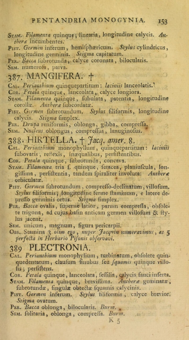 Stam. Filamenta quinque, linearia, longitudine calycis. Ati- therx incumbentes. Pist. Germen inferum, hemifplnericum. Stylus cylindricus, longitudine germinis. Stigma capitatum. Per. Bacca lubrgtunda, calyce coronata, bilocularis. Sem. numerola, parva. 387. MANGIFERA. f Cal. Pemauthinm quinquepartitum : laciniis lanceolatis.1 Cor. Petala quinque , lanceolata , calyce longiora. Stam. Filamenta quinque , fubulata, patentia, longitudine corolla;. Antherx fubcordatau Pist. Germen fubrotundum. Stylus filiformis, longitudine calycis. Stigma fimplex. Per. Drupa reniformis, oblonga, gibba, comprefla. Sem. Nuueus oblongus , compreflus , lanuginofus. 388- HIRTELLA. f Jacqt amer. 8. Cal. P'erianthium monophyllum , quinquepartitum : laciniis fubovatis, reflexis, inaequalibus, perbitentibus. Cor. Petala quinque, fubrotunda, concava. Stam. Filamenta tria f. quinque, fetacea, planiufcula, lon- gilfima , perfiftentia, tandem fpiraliter involuta: Antherx orbiculatce. Pist. Germen fubrotundum , comprelfo-declinatum , villofum. Stylus filiformisj longitudine ferine flaminum, e latere de- preffo germinis ortus. Stigma fimplex. Per. Bacca ovalis, fuperne latior, parum comprefla, obfole- te trigona, ad cujus.bafin anticam germen villofum & Ity- lus jacent. Sem. unicum, magnum, figura pericarpii. Qbs. Stamina 3 olitn ego, nuper Jacqvin numeravimus, at 5 perfecta in Plerbario Pifonis ubfervavi. 389 PLECTRONIA. Cal. Perianthium monophylium , turbinatum, obfolete quin- quedentatum, claufum finubus fieu fquamis quinque villo- lis; perfiftens. Cor. Petala quinque, lanceolata, feffilia, calycis fauci inferta. Stam. Filamenta quinque, lueviflima. Antherx geminatae, fubrotunda:, linguis obtecta: fquamis calycinis. Pist. Germen inferum. Stylus filiformis , calyce brevior.' Stigma ovatum. Per. Bacca oblonga, bilocularis. Burnt. m Sem. folitaria, oblonga , comprefla. Burnt. K 5