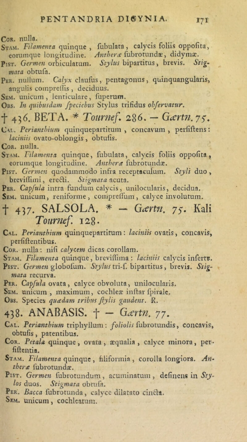 Cor. nulla. Stam. Filamenta quinque , fubulara, calycis foliis oppofita, eorumque longitudine. Atithera fubrotunda;, didymac. Pist. Germen orbiculatum. Stylus bipartitus, brevis. Stig- mata obtufa. Per. nullum. Calyx claufus, pentagonus, quinquangularis, angulis compreflis, deciduus. Sem. unicum, lenticulare, fuperum. Obs. In quibusdam fpecicbus Stylus trifidus obfervatur. f 436, BETA. # Tournef. 286. — Gartn.jf. Cal. Periantbium quinquepartitum, concavum, perfidens: laciniis ovato-oblongis, obtulis. Cor. nulla. Stam. Filamenta quinque, Tubulata, calycis foliis oppofita, eorumque longitudine. Antbera lubrotundae. Pist. Germen quodammodo infra receptaculum. Styli duo, breviifimi, ere&i. Stigmata acuta. Per. Capfula intra fundum calycis, unilocularis, decidua. Sem. unicum, reniforme, comprelfum, calyce involutum. f 437. SALSOLA, # — Gartri, 77. Kali Tournef. 128. Cal. Periantbium quinquepartitum: laciniis ovatis, concavis, perfidentibus. Cor. nulla: nili calycem dicas corollam. Stam. Filamenta quinque, breviffima : laciniis calycis infertB. Pist. Germen globofum. Stylus tri-f. bipartitus, brevis. Stig- mata recurva. Per. Capfula ovata, calyce obvoluta, unilocularis. Sem. unicum , maximum, cochlea? indar fpirale. Obs. Species qucedam tribus Jiylis gaudent. R. 438. ANABAS1S. -f — Gartn. 77. Cal. Periantbium triphyllum : foliolis fubrotundis, concavis, obtufis, patentibus. Cor. Petala quinque, ovata , aequalia , calyce minora, per- fidentia. Stam. Filamenta quinque , filiformia , corolla longiora. An- thenc lubrotund-je. Pist. Germen fubrotundum, acuminatum , delinens in Sty- los duos. Stigmata obtufa. Per. Bacca fubrotunda, calyce dilatato cinch. Sem. unicum, cochlcatum.