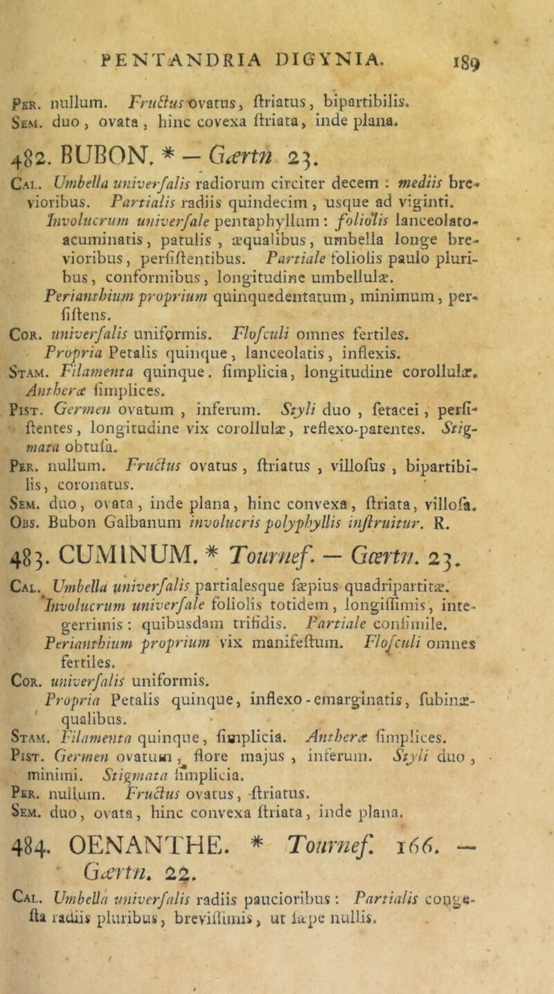 Pkr. nullum. FruStu^vatm, driatus, bipartibilis. Sem. duo , ovata , hinc covexa (hiata, inde plana. 482. BUBON, * — Gcertn 23. Cal. Umbella univerfalis radiorum circiter decem : mediis bre- vioribus. Partialis radiis quindecim , usque ad viginti. Involucrum univerfale pentaphyllum : foliolis lanceolato- acuminatis, patulis, aequalibus, umbella longe bre- vioribus, perfidentibus. Partiale foliolis paulo pluri- bus, conformibus, longitudine umbellulae. Periantbium ■proprium quinquedentatum, minimum, per- fidens. Cor. univerfalis uniformis. Flofculi omnes fertiles. Propria Petalis quinque , lanceolatis , inflexis. Stam. Filamenta quinque, fimplicia, longitudine corolluhr, Anthera fimplices. Pist. Germen ovatum , inferum. Styli duo , fetacei, perfi- dentes , longitudine vix corollulae, reflexo-parentes. Stig- mata obtufa. Per. nullum. Fructus ovatus , driatus , villofus , bipartibi- lis, coronatus. Sem. duo, ovata, inde plana, hinc convexa, driata, villofa, OiiS. Bubon Galbanum involucris polyphyllis inftruitur. R. 483. CUMINUM. # Tournef. — Gcertn. 23. Cal. Umbella univerfalis partialesque depius quadripartitae. 'involucrum univerfale foliolis totidem, longiffimis, inte- gerrimis : quibusdam trifidis. Partiale confimile. Periantbium proprium vix manifedum. Flofculi omnes fertiles. Cor. univerfalis uniformis. Propria Petalis quinque, inflexo - emarginatis, fubime- qualibus. Stam. Filamenta quinque, fimplicia. Anthera fimplices. Pist. Germen ovatum , flore majus , inferum. Styli duo , minimi. Stigmata fimplicia. Per. nullum. Fructus ovatus, -driatus. Sem. duo , ovata , hinc convexa driata , inde plana. 484. OENANTHE. * Tournef. 166. - Gcertn. 22. Cal. Umbella univerfalis radiis paucioribus : Partialis cooge- da radiis pluribus, breviflnnis, ut lape nullis.