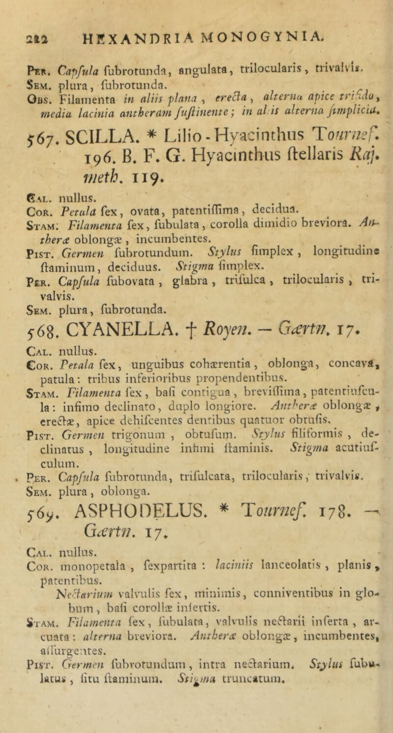 Per. Capfula fubrotunda, angulata, trilocularis, trivalvis. Sem. plura, fubrotunda. Ous. Filamenta in (iliis plana , crecia, alterna apice r/i.uy, media lacinia antheram fuflinente; in al is alterna ftmpliciu. $6y. SCILLA. * Lilio-Hyacinthus Tounief. i96. B. F. G. Hyacinthus ftellaris Rqj. meth. 119. (Sal. nullus. Cor. Petula fex, ovata, patentiffima, decidua. Stam: Filamenta fex, fubulata , corolla dimidio breviora. An~ theree oblongae , incumbentes. Pist. Germen fubrotundum. Stylus fimplex , longitudine flaminum, deciduus. Stigma limplex. Per. Capfula fubovata , glabra , trifulca , trilocularis , tri- valvis. Sem. plura, fubrotunda. 568. CYANELLA. f Royen. — Gartw. 17* Cal. nullus. Cor. Petala fex, unguibus cohaerentia , oblonga, concava, patula: tribus inferioribus propendentibus. Stam. Filamenta fex, bali contigua, breviffima, pfltenriufcu- la: infimo declinato, duplo longiore. Ant herae oblongae, ereclae, apice dchifcentes dentibus quatuor obrufis. Pist. Germen trigonum , obtufuiji. Stylus filiformis , de- clinatus , longitudine infimi flaminis. Stigma acutiuf- culum. . Per. Capfula fubrotunda, trifulcata, trilocularis, trivalvis. Sem. plura, oblonga. 5-69. ASPHODELUS. * Tournef. 178. — Gcertn. 17. Cal. nullus. Cor. monopetala , fexpartita : laciniis lanceolatis , planis , patentibus. Neclarium valvulis fex, minimis, conniventibus in glo- bum , bali corollae infertis. Stam. Filamenta fex, fubulata, valvulis neflarii inferta, ar- cuata : alterna breviora. Antherx oblongae, incumbentes, adurgentes. Pist. Germen fubrotundum , intra neclarium, Stylus tubu- latus , litu flaminum. Stigma truncatum.