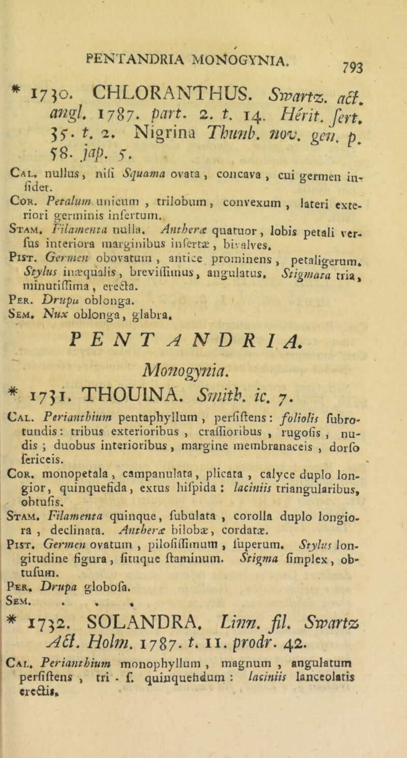 793 * i7$o« CHLORANTHUS. Sivartz. aci„ angi 1787. part. 2. f. 14. Herit. ferti $7. t. 2. Nigrina Thunb. nov. gcn. p. 58. jap. 5. Cai.. nullus, nili Squama ovata , concava, cui germen in- fidet. Cor. Petalum unicum , trilobum, convexum , lateri exte- riori germinis infertum. Stam, Filamenta nulla. Anthera quatuor, lobis petali ver- fus interiora marginibus inferta.*, bivalves, Pist. Germen obovatum , antice prominens , petalio-erum» Stylus inaequalis, breviflimus, angulatus. Stigmata tria, minutiflrma, ere&a. Per. Drupu oblonga. Sem. Nux oblonga, glabra, P E N T ANDRIA. Monogyma. * 1731. TH0U1NA. Srnitb. ic. 7. Cal. Ptrianthium pentaphyllum , perfidens: foliolis fubro- tundis: tribus exterioribus , crafiioribus , rugofis , nu- dis ; duobus interioribus, margine membranaceis , dorfo fericeis. Cor. monopetala , campanulata, plicata , calyce duplo lon- gior, quinquefida, extus hifpida : laciniis triangularibus, obtufis. Stam. Filamenta quinque, fubulata , corolla duplo longio- ra , declinata. Anthera bilobae, cordatae. Pist. Germen ovatum , pilofilfimutn , 1'uperum, Stylus lon- gitudine figura, fituque flaminum. Stigma fimplex, ob- tufum. Per. Drupa globofa. Sem. . . , * 1752. SOLANDRA, Litm. fil Srvartz ;4£i. Hofoi. 1787. t. 11. prodr. 42. Cal. Perianthium monophyllum , magnum , angulatum perfidens , tri - f. quinquehdum : laciniis lanceolatis eredi*.