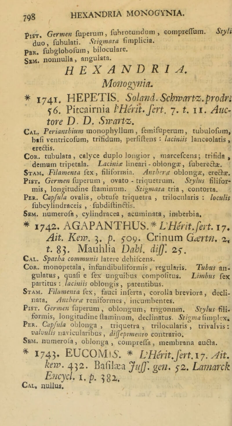 Pist. Germen fuperum, fubrotundum , comprefliim. Styli duo, fubulati. Stigmata (implicia. Pbr, fub globo fu m, biloculare. Ssm. nonnulla, angulata. HEXANDRIA. Monogynia. * 1741« HEPETIS. Soland. Schwartz.prodri ?6. Pitcairnia IHerih fert. 7. t. 11. Auc- tore D. D. Swartz. Cal. Perianthiwn tnonophyllum , feiniruperum, tubulofum, bafi ventricofum, trifidum, perfiftens '• laciniis lanceolatis, creetis. Cor. tubulata, calyce duplo longior , marcefcens; trifida, demum tripetala. Lacinia lineari - oblonga’, fuberecta:. Stam, Filamenta fex, filiformia. Antbcra oblongae, erectae. Pist. Germen fuperum , ovato - triquetrum. Stylus filifor- mis, longitudine flaminum. Stigmata tria, contorta. Per. Capfula ovalis, obtufe triquetra , trilocularis : loculis iubcylindraceis , fubdiflinctis. Sem. numerofa, cylindracea, acuminata, imberbia. * 1742. AGAPANTHUS * DHerit.fert. 17. Ait. Kew. 3. p. 5-09. Crinum Gatrtn, zt t. 8). Mauhlia Dahl. dij]\ 25. Cal. Spatha communis latere dehifcens. Cor. monopetala, infundibuliformis, regularis. Tubus an- gulatus > quafi e fex unguibus compofitus. Limbus fex partitus : .laciniis oblongis , patentibus. Stam. Filamenta fex, fauci inferta, corolla breviora, decli- nata. Antbera reniformes, incumbentes. Pist. Germen fuperum, oblongum, trigonum. Stylus fili- formis, longitudine flaminum, declinatus. fimplex* Per. Capfula oblonga, triquetra, trilocularis, trivalvis: valvulis navicularibus, diJJepi?nento contrario. Sem. numerola, oblonga , comprefla, membrana au&a. * *743* EUCOMiS. * DHerit.fert.17. Ait. kem. 432. Bafilsea Jujf. gen. 52. Lamarck EncycL i.p. 38^ Cal, nullus.