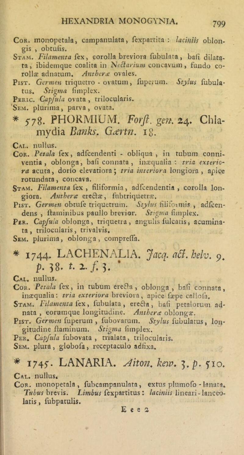 Cor. monopetala, campanulata, fexpartita : laciniis oblon- gis , obtufis. Stam. Filamenta fex, corolla breviora fubulata, bafi dilata- ta, ibidernque coalita in Sectarium concavum, fundo co- rollae adnatum. Antbercc ovales. Pist. Germen triquetro - ovatum, fupejuin. Stylus Tubula- tus. Stigma fimplex. Peric. Capfula ovata , trilocularis. Sem. plurima, parva, ovata. * 5-78. PHORMIUM. Forft. gen. 24. Chla- mydia Banks. Grfrtn. ig. Cai.. nullus. Cor. Petala fex, adfcendenti - obliqua, in tubum conni- ventia , oblonga, bafi connata , inaequalia: tria exterio- ra acuta, dorio elevatiora; tria interiora longiora, apice rotundata, concava. Stam. Filamenta fex , filiformia, adfcendentia , corolla lon- giora. Antherce erectae, fubtriquetrae. Pist. Germen obtufe triquetrum. Stylus filiformis , adfcen- dens , flaminibus paullo brevior. Stigma fimplex. Per. Capfula oblonga, triquetra, angulis fulcatis, acumina- ta, trilocularis, trivalvis. Sem. plurima, oblonga, compreffa. * 1744. LACHENALIA. Jacq. ad. helv. 9. p. 58. t. z.f 5. Cal. nullus. Cor. Petala fex, in tubum erefta , oblonga , bafi connata, inaequalia: tria exteriora breviora, apice faepe callofa. Stam. Filamenta fex, fubulata , erefta, bafi petalorum ad- nata , eorumque longitudine. Antherce oblongae. Pist. Germen fuperum , fubovarum. Stylus fubulatus, lon- gitudine flaminum. Stigma fimplex. Per. Capfula fubovata , trialata, trilocularis. Sem. plura, globofa, receptaculo adfixa. * 1745'. LANARIA. Alton. kew. f.p. fio. Cal. nullus. Cor. monopetala, fubcampanulata, extus plnmofo - lanata. Tubus brevis. Limbus fexpartitus: laciniis lineari-lanceo- latis, fubpatulis.