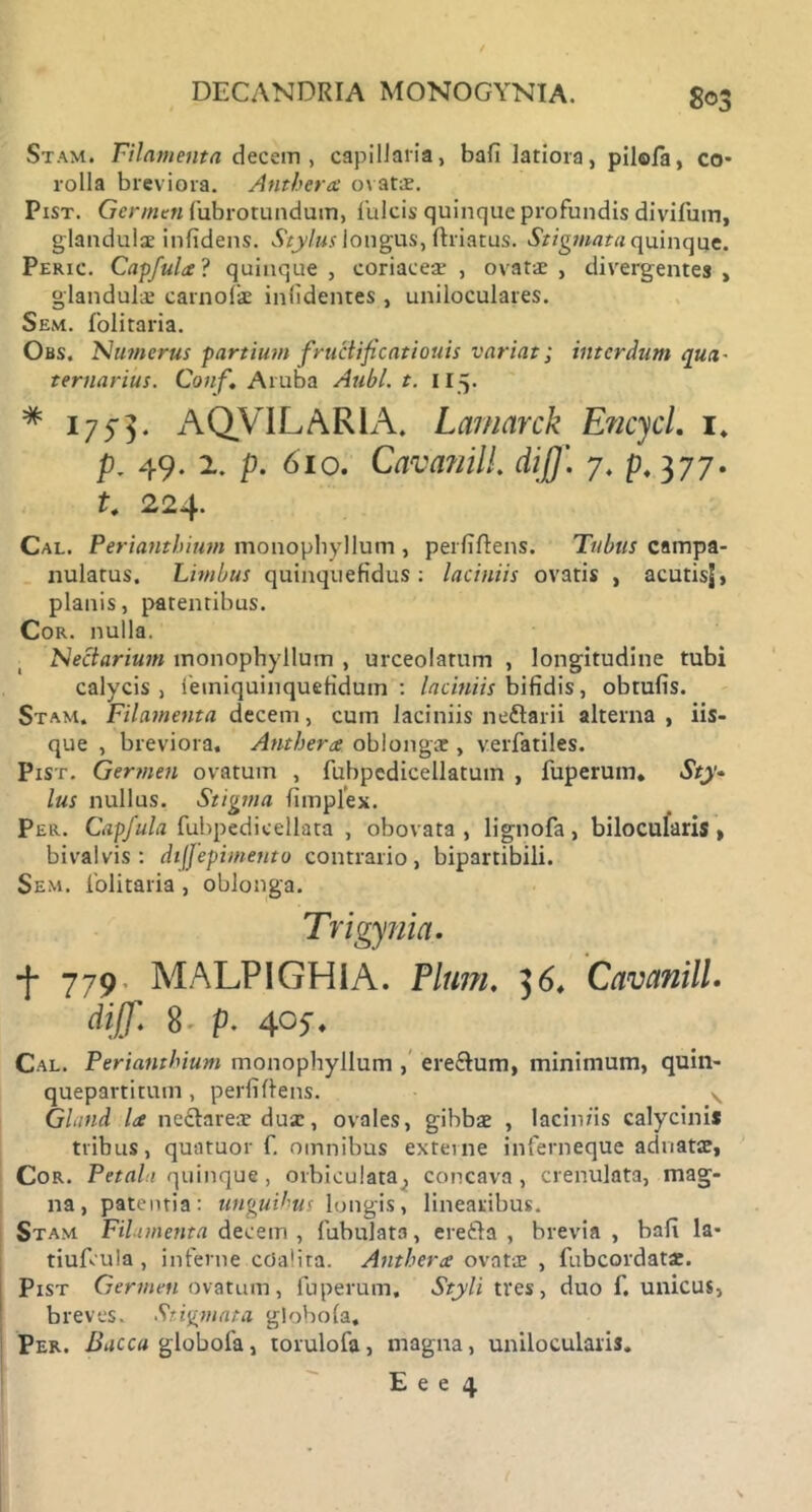 Stam. Filamenta decem , capillaria, bafi latiora, pilofa, co- rolla breviora. Anthera ovatae. Pist. Germen fubrotundum, fulcis quinque profundis divifuin, g landulae infidens. Stylus longus, ftriatus. Stigmata quinque. Peric. Capfuht? quinque, coriaceae, ovatae, divergentes, glandulae carnofae infidentes , uniloculares. Sem. folitaria. Obs. Numerus partium fructificationis variat; interdum qua- ternarius. Conf, Aruba Aubl.t. 115. # 175-3. AQVILARIA. Lamarck Encycl. i* p. 49. 2. p. 610. Cava?iill. diff. y. p. 377. t. 224. Cal. Perianthium monophyllum , perfidens. Tubus campa- nulatus. Limbus quinquefidus: laciniis ovatis , acutis|, planis, patentibus. Cor. nulla. Neclarium monophyllum , urceolarum , longitudine tubi calycis, iemiquinquefidum : laciniis bifidis, obtufis. Stam. Filamenta decem, cum laciniis neftarii alterna, iis- que , breviora. Antheroe oblongae, verfatiles. Pisr. Germen ovatum , fubpedicellatum , fuperum. Sty* lus nullus. Stigma fimplex. Per. Capfula fubpedicellata , obovata , lignofa, bilocularis, bivalvis : dijfepimento contrario, bipartibili. Sem. folitaria , oblonga. Trigynia. •J* 779 MALPIGHIA. Pium. 36. Cavanill. diff. 8 p. 405 , Cal. Perianthium monophyllum , ere&um, minimum, quin- quepartitum , perfidens. v Gland l<e neftareoe duae, ovales, gibbae , laciniis calycinis tribus, quatuor f. omnibus externe inferneque adnatae, Cor. Petala quinque, orbiculata, concava, crenulata, mag- na, patentia: unguibus longis, linearibus. Stam Filamenta decem , fubulata, eretla , brevia , bafi la- tiufeula , inferne coalita. Anthera ovatae , fubcordatae. Pist Germen ovatum, fuperum. Styli tres, duo f. unicus, breves. Stigmata globola. Per. Bucca globola, torulofa, magna, unilocularis.