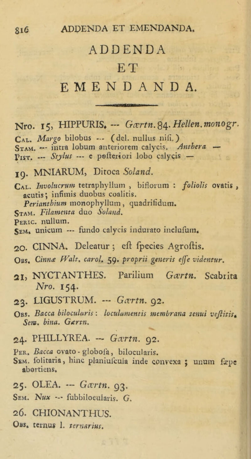 ADDENDA ET EMENDANDA. Nro. 15, HIPPURIS» — Gccrtn.%^. Hellen, monogr. Cal. Margo bilobus — (dei. nullus nili.) Stam. — intra lobum anteriorem calycis. Anthera — Pxst. Stylus — e polleri ori lobo calycis — ig. MNIARUM, Ditoca Soland. Cal. Involucrum tetraphyllum , biflorum : foliolis ovatis , acutis; infimis duobus coalitis. Periantbium monophylium, quadrifidum. Stam. Filamenta duo Soland. Peric. nullum. Sem. unicum — fundo calycis indurato inclufum. 20. CINNA. Deleatur ; efp fpecies Agroftis. Obs. Cinna Walt, carol. 59, proprii generis ejfe videntur. 21, NYCTANTHES. Parilium Gccrtn. Scabrita Nro. 154. 23. LIGUSTRUM. — Gcvrtn. 92. Obs. Bacca bilocularis: loculamentis membrana tenui vejlitis« Sem. bina. Gartn. 24. PHILLYREA. — Gcvrtn. 92. Per. Bacca ovato - globola, bilocularis. Sem. 1‘olitaria, hinc planiulcula inde convexa ; unum fope abortiens, 25. OLEA. — Gcvrtn. 93. Sem. Nm* — fubbilocularis. G. 26. CHIONANTHUS.