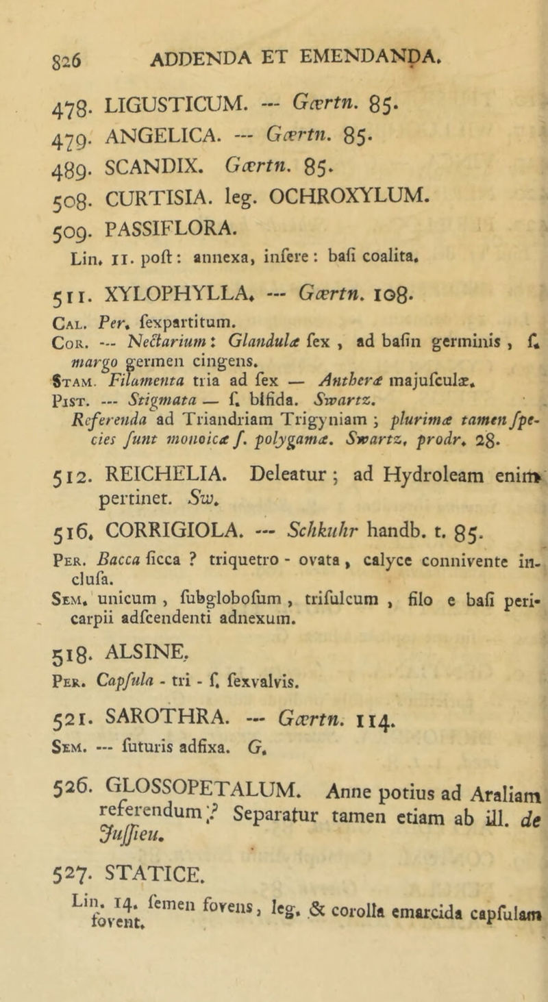 478. LIGUSTICUM. — Gcvrtn. 85. 479. ANGELICA. — Gxrtn. 85. 489. SCANDIX. Gccrtn. 85. 508. CURTISIA. leg. OCHROXYLUM. 509. PASSIFLORA. Lin, II. poft: annexa, infere: bafi coalita, 511. XYLOPHYLLA, — Gcertn. 108- Cal. Pert fexpartitum. Cor. — Neciarium: Glandula fex , ad bafin germinis , f* margo germen cingens. Stam. Filamenta tria ad fex — Anthera majufculae. Pist. — Stigmata — f. bifida. Swartz. Referenda ad Triandriam Trigyniam ; plurima tamen fpe- cies funt monoica f. polygama. Svcartz, prodr, 28- 512. REICHELIA. Deleatur; ad Hydroleam enim pertinet. Sw. 516, CORRIGIOLA. — Schkuhr handb. t. 85. Per. Bacca ficca ? triquetro - ovata , calyce connivente in- clufa. Sem. unicum , fubglobofum , trifulcum , filo e bafi peri- carpii adfcendenti adnexum. 518. ALSINE. Per. Capfnla - tri - f. fexvalvis. 521. SAROTHRA. — Gccrtn. 114. Sem. — futuris adfixa. G. 526. GLOSSOPETALUM. Anne potius ad Araliam referendum;? Separatur tamen etiam ab i11. de jujjieu. 527. STATICE. L'f- 'f' femen l«g. & corolla «marcida capfulam