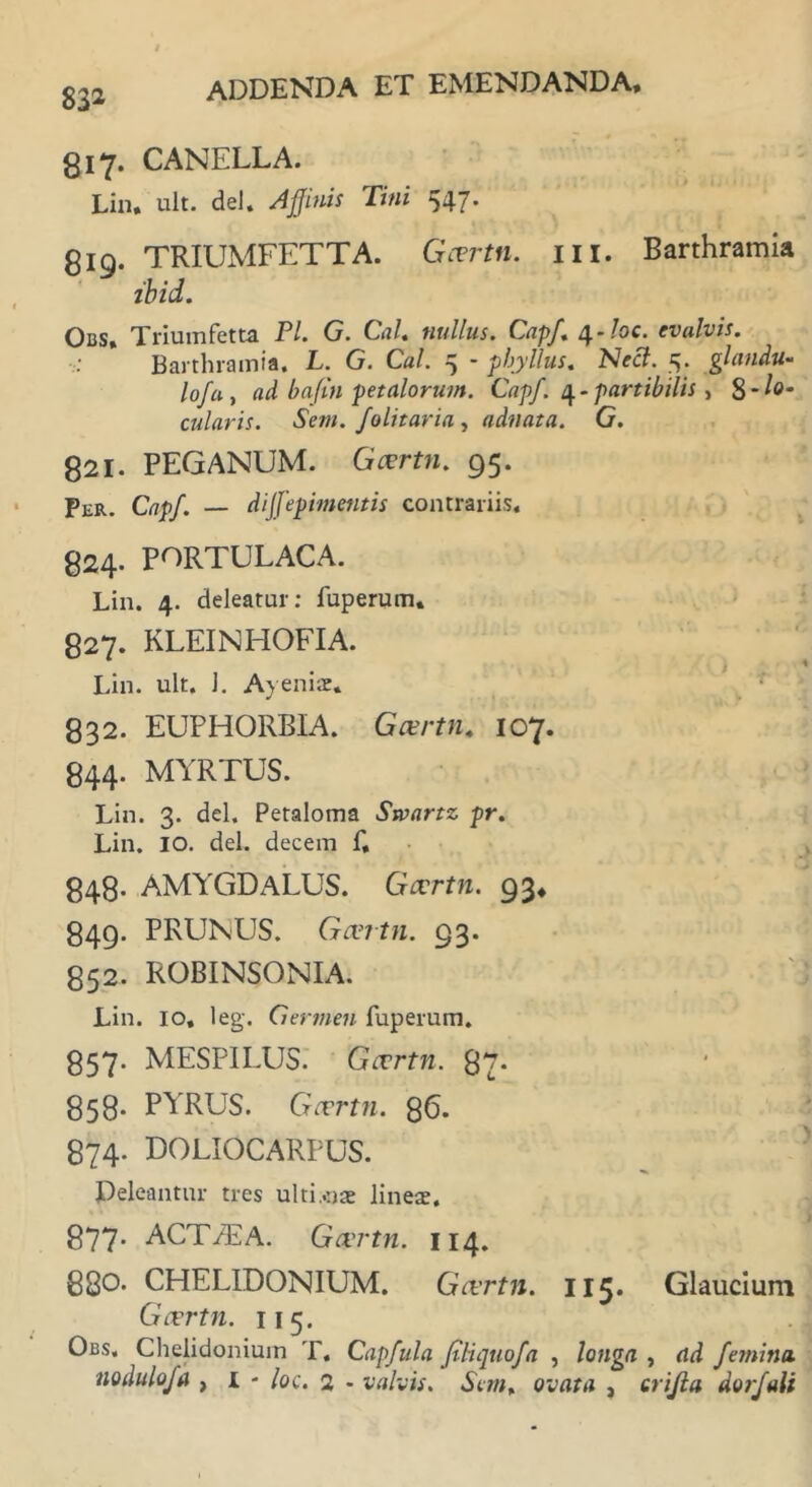 83* 817. CANELLA. Lin. ult. dei. Affinis Tini 547. 819. TRIUMFETTA. Gcvrtn. 111. Barthramia ibid. Obs, Triumfetta Pl. G. Cal. nullus. Capf. 4 */oc. evalvis. Barthramia. L. G. Cui. 5 - phyUus. Neci. 5. glandu- lofu , ad bafin petalorum. Capf. 4 - partibilis, S-^* cularis. Sem. folitaria, adnata. G. 821. PEGANUM. Gcvrtn. 95. Per. Capf. — dijfepimentis contrariis. 824. PORTULACA. Lin. 4. deleatur: luperum. 827. KLEINHOFIA. Lin. ult. 1. A) eniae» 832. EUPHORBIA. Gcvrtn. 107. 844. MYRTUS. Lin. 3. dei. Petaloma Swartz pr. Lin. IO. dei. decem f, 848- AMYGDALUS. Gcvrtn. 93, 849. PRUNUS. Gcvrtn. 93. 852. ROBINSONIA. Lin. 10, leg. Germen fuperum. 857. MESPILUS. Gcvrtn. 87* 858- PYRUS. Gcvrtn. 86. 874. DOLIOCARPUS. Deleantur tres ulti.oae lineae, 877- ACT/EA. Gcvrtn. 114. 880. CHELIDONIUM. Gcvrtn. 115. Glaucium Gcvrtn. 115. Obs. Chelidonium T. Capfula fili quo f a , longa , ad femina,