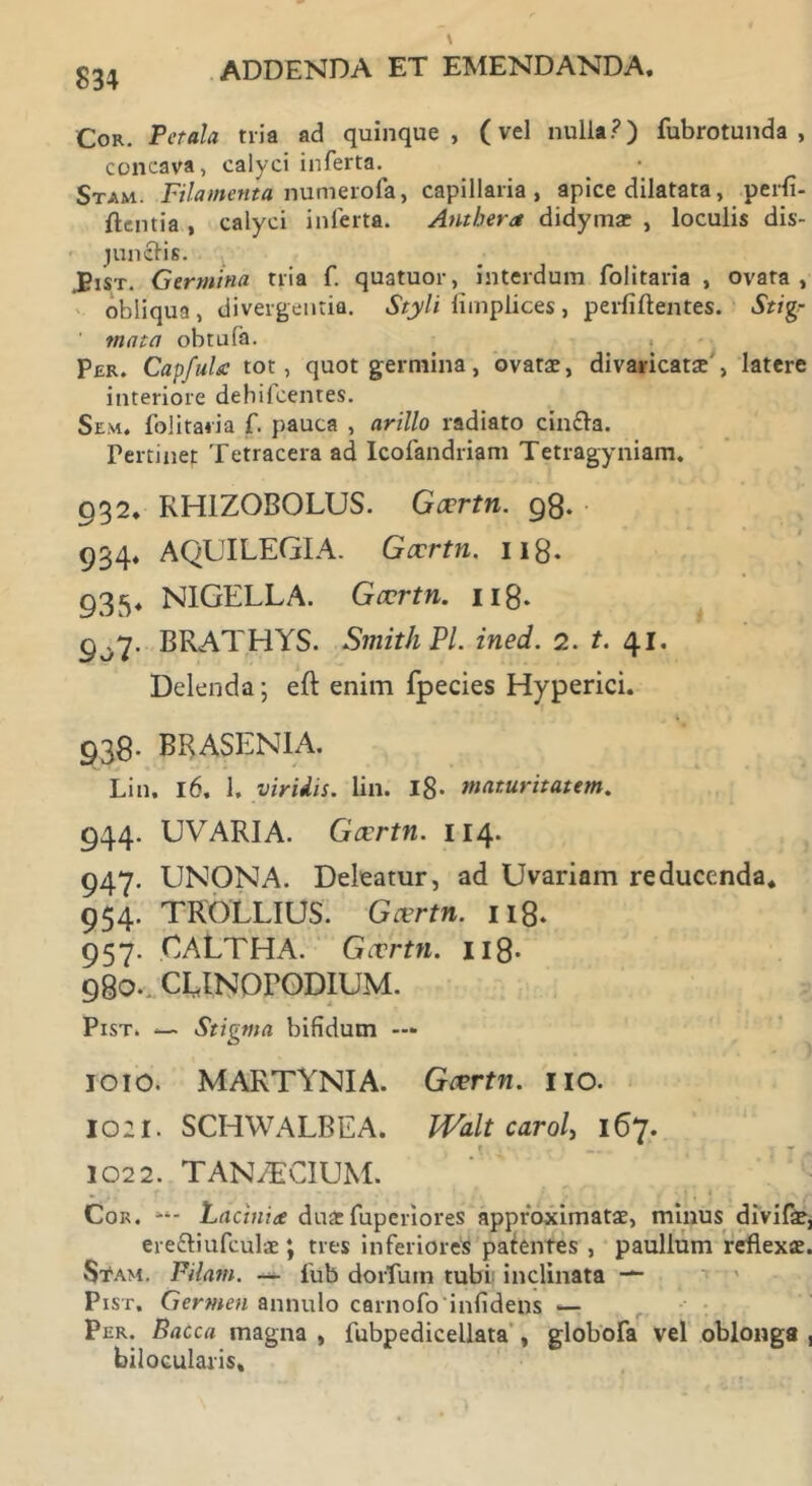 Cor. Petala tria ad quinque, (vel nulla?) fubrotunda , concava, calyci inferta. Stam. Filamenta numerofa, capillaria, apice dilatata, perfi- ftentia , calyci inferta. Anthera didymae , loculis dis- junctis. j?iST. Germina tria f. quatuor, interdum folitaria , ovata, obliqua, divergentia. Styli limplices, perbitentes. Stig- ' mata obtufa. Per. CapfuU tot, quot germina, ovatae, divaricatae', latere interiore dehifcentes. Sem. folitaria f. pauca , arillo radiato cin&a. Pertinet Tetracera ad Icofandriam Tetragyniam. 032. RH1ZOBOLUS. Gccrtn. 98. 934. AQUILEGIA. Gccrtn. 11Q. 935. NIGELLA. Gccrtn. 11 g. 9^7. BRATHYS. SmithPl. ined. 2. /. 41. Delenda; eft enim fpecies Hyperici. 938. BRASENIA. Lin. 16. 1. virilis, lin. 18* maturitatem. 944. UVTARIA. Gccrtn. 114. 947. UNONA. Deleatur, ad Uvariam reducenda. 954. TROLLIUS. Gccrtn. 118. 957. CALTHA. Gccrtn. 118- 980. CLINOPGDIUM. Pist. — Stigma bifidum —■ 1010. MARTYNIA. Gccrtn. no. 1021. SCHWALBEA. Walt carol> 167. 1022. TANVECIUM. * , ; r • • . * • . 1 /. ; . , - ; , * r- Cor. Lacinia duas fuperiores approximatae, minus divifae, erettiufculae; tres inferiores patentes , paullum reflexae. Stam. Pilam. — lub dorfuin tubi inclinata — Pist. Germen annulo carnofo infidens — Per. Bacca magna , fubpedicellata , globofa vel oblonga , bilocularis.