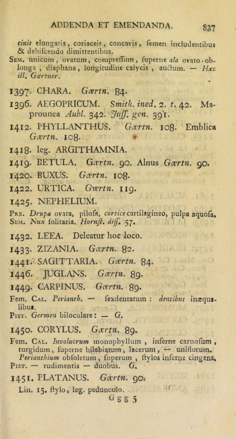 cinis elongaris, coriaceis, concavis, femen includentibus & dehifcendo dimittentibus. Sem. unicum, ovatum, compreflum, fuperne ala ovato-ob- longa , diaphana, longitudine calycis , auctum. — Heec ili. Gctrtner. * 1397. CHaRA. Gccrtn. 84. 1396. AEGOPRICUM. Smith. ined. 2. t. 42. Ma- prounea Aubl. 342. tyiJJ. gen. 391. 1412. PHYLLANTHUS. Givrtn. 108- Emblica Gcertn. 108- * 1418. leg. ARGITHAMNIA. 1419. BETULA. Gccrtn. 90. Alnus Gccrtn. 90. 1420. BUXUS. Gccrtn. 108- 1422. URTICA. Gccrtn. 119. 1425. NEPEIELIUM. Pre. Drupa ovata, pilofa, cortice cartilagineo, pulpa aquofa* Sem. N«x lolitaria. Hornfi. dijf. 57. 1432. LEEA. Deleatur hoc loco. 1433. ZIZANIA. Gccrtn. 82. 1441. SAGITTARIA. Gccrtn. 84. 1446. JUGLANS. Gccrtn. 89* 1449. CARPINUS. Gccrtn. Qg. Fem. Cal. Perianth. — fexdentatum : dentibus inaequa- libut. Pist. Germen biloculare: — G. , , 1 i G' * W * ( . '• 1450. CORYLUS. Gccrtn. 89* Fem. Cal. Involucrum monophyllum , inferne carnofum , turgidum , fuperne bilabiatum , lacerum , — uniflorum. Ptriantbium obfoletum, fuperum , llylos inferne cingens* Pist. — rudimentis — duobus. G» 1451* PLATANUS. Gccrtn. 90 Lin. 15, ftylo, leg. pedunculo. GggS