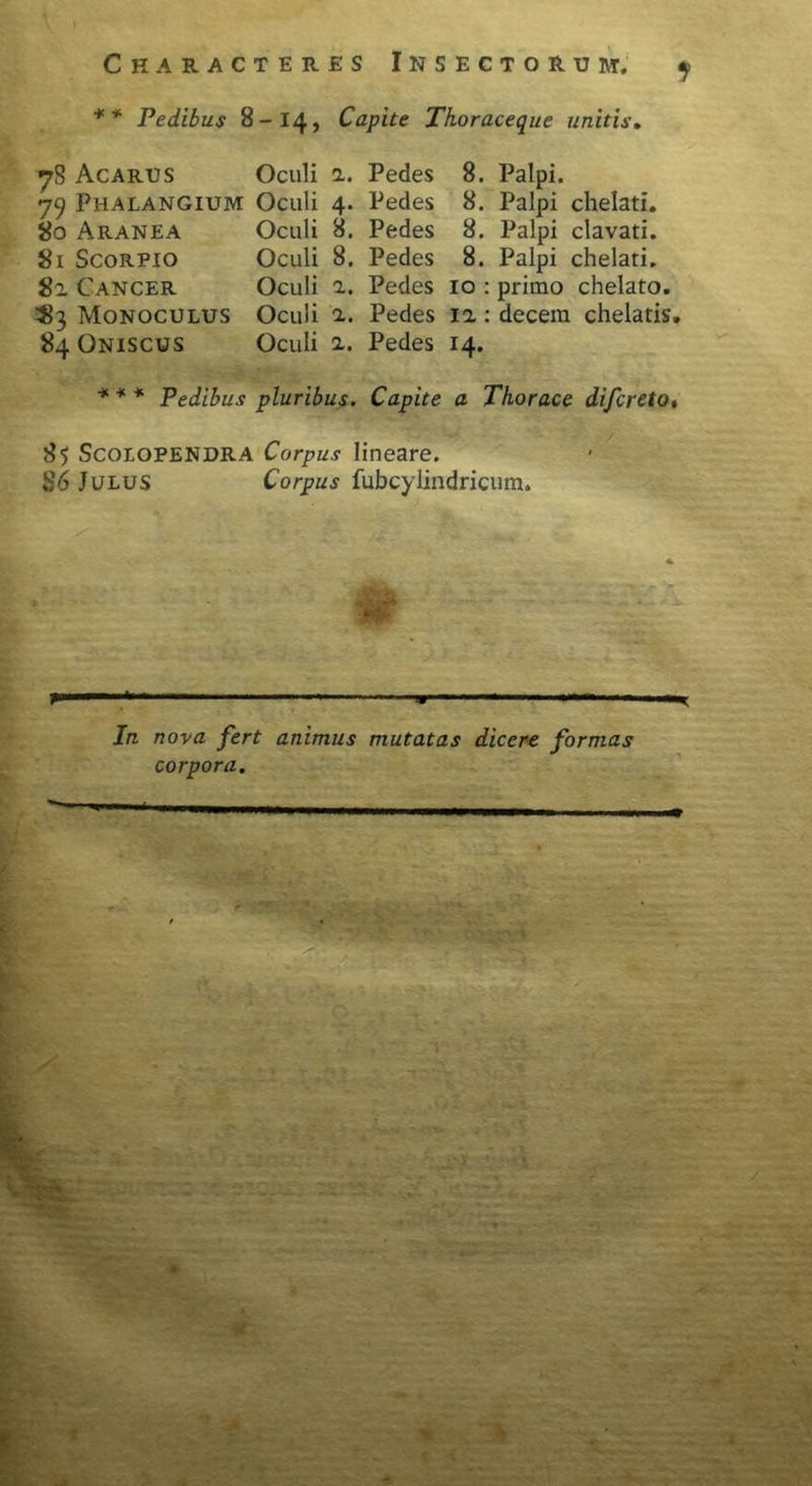 ** Pedibus 8-14, Capite Thoraceque unitis. 78 Acarus 79 Phalangium 80 Aranea 81 Scorpio 82 Cancer 3$3 Monoculus 84 Oniscus Oculi a. Pedes Oculi 4. Pedes Oculi 8. Pedes Oculi 8. Pedes Oculi a. Pedes Oculi 2. Pedes Oculi 2. Pedes 8. Palpi. 8. Palpi chelati. 8. Palpi clavati. 8. Palpi chelati. 10 : primo chelato. 12: decem chelatis. 14. * * * Pedibus pluribus. Capite a Thorace difcreto, 85 ScoiOPENDRA Corpus lineare. S6 Julus Corpus fubcylindricum. ~ 11 ***• —*■ ■ In nova fert animus mutatas dicere formas corpora.