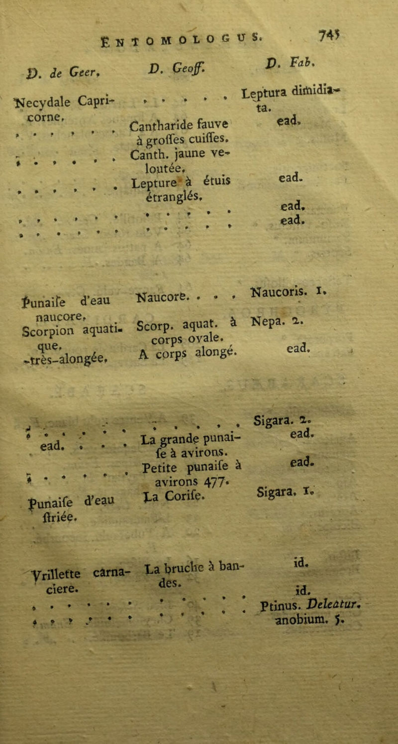 E N T 0 M O L O G U S. D. de Geer, Geojf. ^ Leptura dimidia* ■Necydale Capri COme' . . Cantharide fauve k groffes cuiffes. . . . Canth. jaune ve- * * ’ ’ lontee, . Lepture-it <§tuis Itranglds, ta. % f * ♦ ♦ ^ ead. ead. ead, ead. funaile d’eau Naucore. . • . Naucoris. i. ScorpioTaquati. i Nepa, a -trl“!along4e. A corps alonge. - ... Sigara. a. * La grande punai- ead’ fe k avirons. Petite punaife ^ ead' ♦ ’ avirons 477« ead. » avirons 477* |>unaife d’eau l* Corife. flri^e. Sigara. I, Vrillette cama- La bruche ^ ban- r ciere. dcs- id. id. * * * ♦ t ’ * Ptinus. Deledtur anobiura. J.