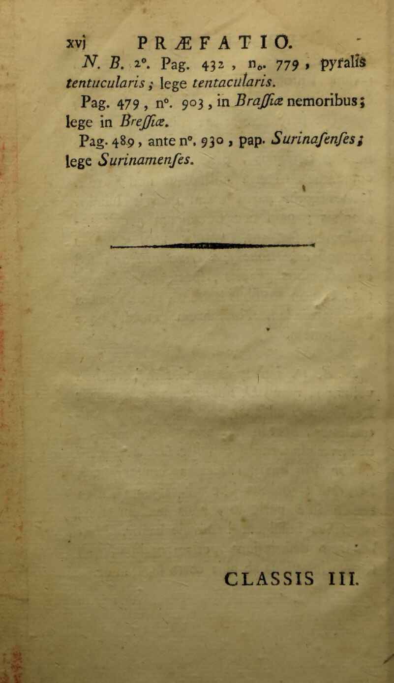 xvj PR^FATIO. N. B. 2°. Pag. 432 > no* 779 > pyfalfe tentucularis ,* lege untacmaris. Pag. 479 , n°. 903 , in Braffuz nemoribus; lege in Brejfice. Pag. 489> ante n°. 93° > pap- Surinafenfes; lege Surinametifes. \