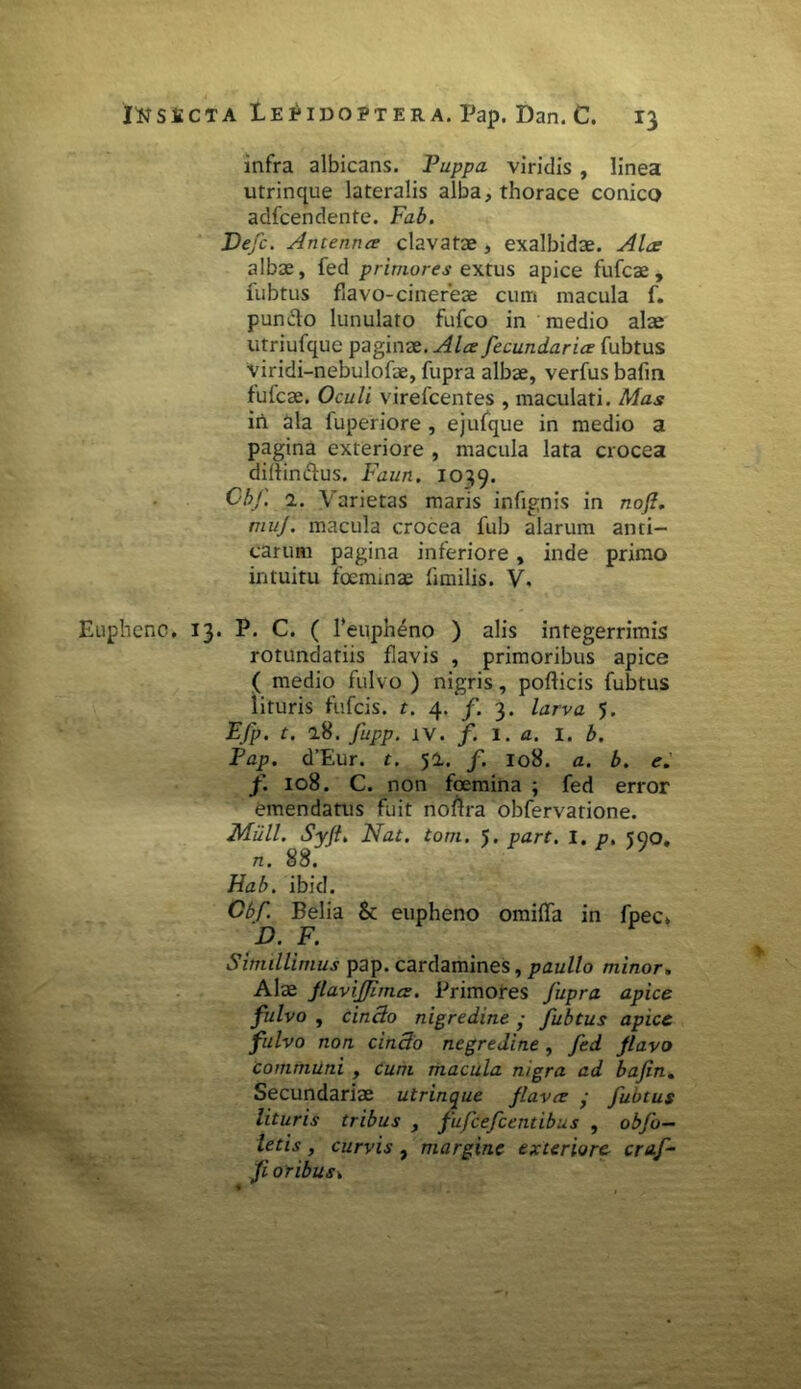 infra albicans. Puppa viridis , linea utrinque lateralis alba, thorace conico adfcendente. Fab. Defc. Antenna clavatae , exalbidae. Ala albae, fed primores extus apice fufcae , fubtus flavo-cinereae cum macula f. puncto lunulato fufco in medio alae utriufquc paginae. Ala fecundaria fubtus viridi-nebulofae, fupra albae, verfus bafin fufcae. Oculi virefcentes , maculati. Mas in ala fuperiore , ejufque in medio a pagina exteriore , macula lata crocea diltinctus. Faun. 1039. ObJ\ 1. Varietas maris infignis in nofi. muj. macula crocea fub alarum anti- carum pagina inferiore, inde primo intuitu fceimnae fimilis. V. Euphenc. 13. P. C. ( Teupheno ) alis integerrimis rotundatiis fiavis , primoribus apice ( medio fulvo ) nigris, pofticis fubtus lituris fufcis. t. 4. f. 3. larva 5. Efp. t. a8. fupp. iv. f. 1. a. I. b. Pap. d’Eur. t. 52.. /. 108. a. b. e. f. 108. C. non foemina ; fed error emendatus fuit noftra obfervatione. Milii. Syfi. Nat. toni. 5. part. I. p. 590. n. 88. Hab. ibici. Cbf. Belia & eupheno omiffa in fpec* D. F. Simillimus pap. cardamines, paullo minor. Alse flaviffima. Primores fupra apice fulvo , cincto nigredine • fubtus apice fulvo non cincto negredine, fed flavo communi , cum macula nigra ad bafin. Secundariae utrinque flava y fubtus lituris tribus , fufcefcentibus , obfo— letis, curvis , margine exteriore craf- fi oribusk