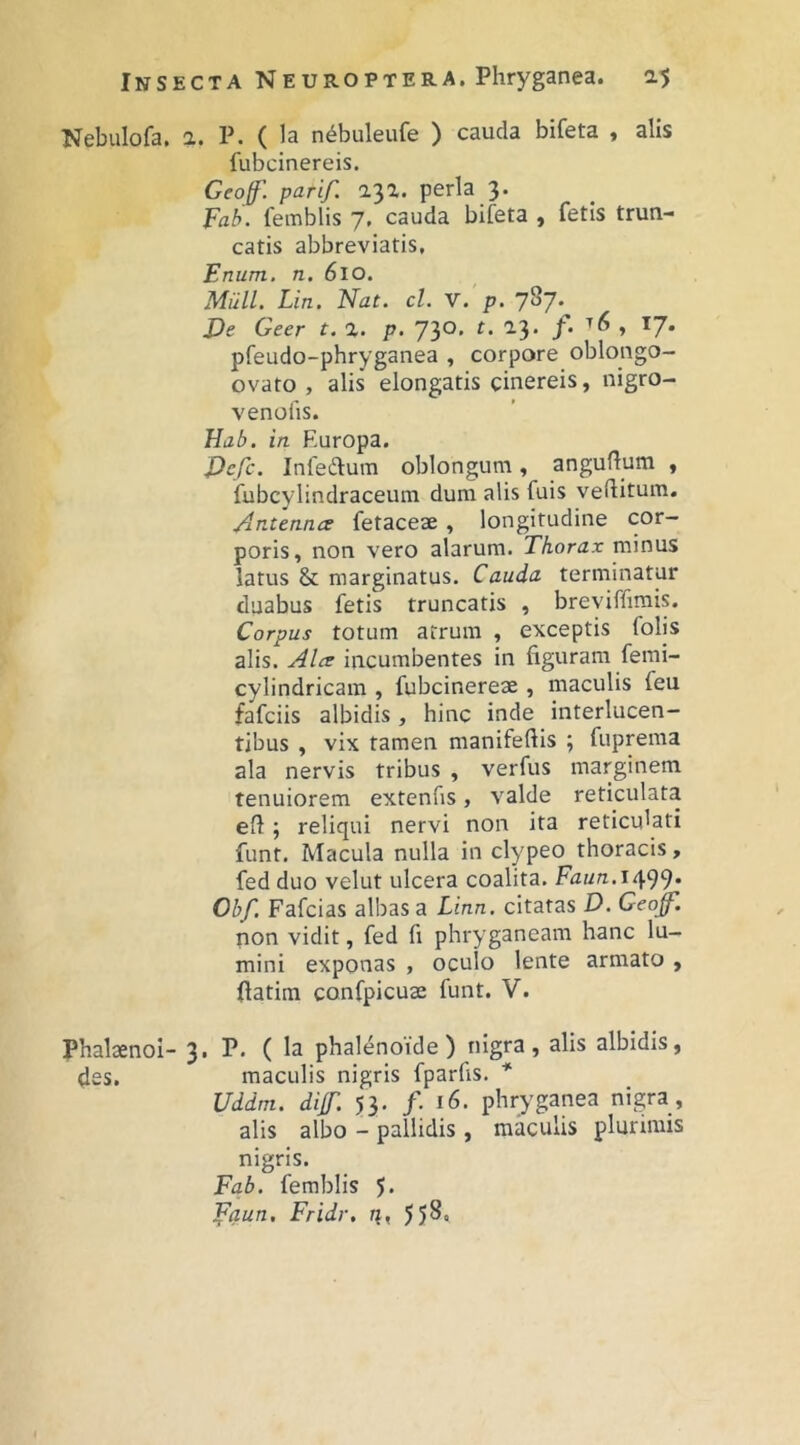 Nebulofa. a. P. ( la n^buleufe ) cauda bifeta , alis fubcinereis. Geoff'. parif. 232. perla 3. Fab. femblis 7. cauda bifeta , fetis trun- catis abbreviatis, Enum. n. 610. Muli. Lin. Nat. cl. V. p. Ve Geer t. %. p. 730. t. 23. /. ^<5 , 17. pfeudo-phryganea , corpore oblongo- ovato , alis elongatis cinereis, nigro- venofis. Hdb. in Europa. Vefc. Inledum oblongum, anguflum , fubcylindraceum dum alis fuis veftitum. Antenna fetaceae , longitudine cor- poris, non vero alarum. Thorax minus latus & marginatus. Cauda terminatur duabus fetis truncatis , breviffirais. Corpus totum atrum , exceptis folis alis. Ala incumbentes in figuram femi- cylindricam , fubcinereae , maculis feu fafciis albidis, hinc inde interlucen- tibus , vix tamen manifeftis ; fuprema ala nervis tribus , verfus marginem tenuiorem extenfis, valde reticulata efi; reliqui nervi non ita reticulati funt. Macula nulla in clypeo thoracis, fed duo velut ulcera coalita. Faure.1499* Obf. Fafcias albas a Linn. citatas D. Geo^. non vidit, fed fi phryganeam hanc lu- mini exponas , oculo lente armato , fiatira confpicuae funt. V. PhalaenoI- 3. P- ( la phalenoide) nigra, alis albidis, des. maculis nigris fparfis. * Uddnt. dif. 53. /. 16. phryganea nigra , alis albo - pallidis, maculis plurimis nigris. Fab. femblis 5*