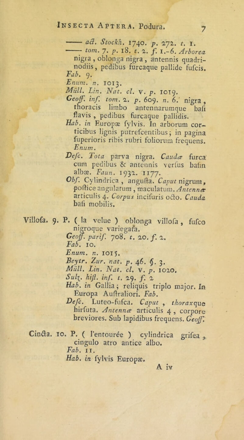 7 aB. Stockh, 1740. p. 2.72. ^ i. —— tom, 7. p- 18, t. 2. J, 1.-6. Arborea nigra , oblonga nigra , antennis quadri- nodiis, pedibus furcaque pallide fufcis. Fdb. 9. Enum. n. 1013. Miill. Lin. Nat. cl. v. p. 1019. Geoff. inf. tom. 2. p. 609. n. 6. nigra , thoracis limbo antennaruraque bafi flavis , pedibus furcaque pallidis. Hab. in Europae fylvis. In arborum cor- ticibus lignis putrefcentibus; in pagina fuperioris ribis rubri foliorum frequens. Enum. Defc. Tota parva nigra. Caudee furca cum pedibus &: antennis verfus balm albae. Faun. 1932. 1177. Obf. Cylindrica , angufta. Capur nigrum, pollice angulatum , maculatum. Antennte articulis 4. Corpus incifuris odo. Cauda bali mobilis. Villofa. 9. P. ( la velue ) oblonga villofa , fufeo nigroque variegafa. Geoff. pari/. 708. t. 20. f. 2. Fab. IO. Enum. n. IO15. Beytr. Zur. nat. p. 46. 3» Miill. Lin. Nat. cl. v. p. 1020. Sul[. hift. inf. t. 29. f. 2 Hab. in Gallia; reliquis triplo major. In Europa Audraliori. Fab. Defc. Luteo-fufea. Caput , tkoraxquQ hirfuta. Antenna articulis 4 , corpore breviores. Sub lapidibus frequens. Geof\ Cinda. 10. P. ( 1’entour^e ) cylindrica grifea ^ cingulo atro antice albo. Fab. II. Hab. in fylvis Europae,