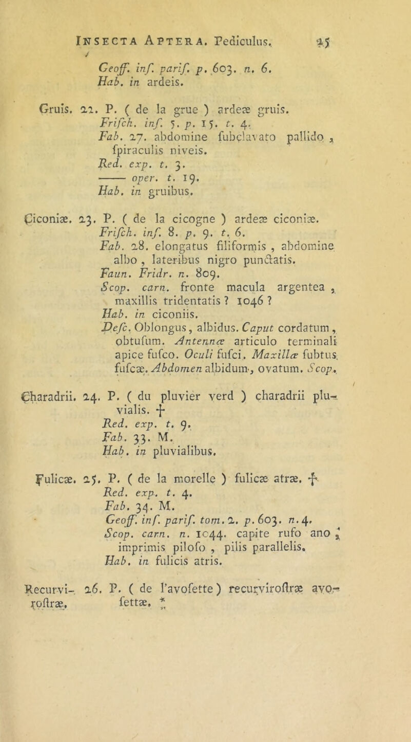 Ceoff'. inf. parif. p. 603. n, 6. Uab. in ardeis. Gruis, n. P. ( de la grue ) ardeae gruis. Frifch. inf. 5. p. 15. t. 4. Fab. 'XI. abdomine fubclavato pallido , fpiraculis niveis. Fei. exp. t. 3. oper. t. 19, Hab. in gruibus. Giconiae. 2.3. P. ( de la cicogne ) ardeae ciconiae. Frifch. inf. 8. p, 9. t. 6. Fab. 2.8, elongatus filiforrnls , abdomine albo , lateribus nigro pundatis. Faun, Fridr. n. 809. Scop. carn. fronte macula argentea , maxillis tridentatis ? 5046 ? JJab. in ciconiis. Defc, Oblongus, albidus. Caput cordatum , obtufum. Antennre articulo terminali apice fufco. Oculi fufci. Maxillcx fubtus, f\.\[c7£. Abdomen ovatum. Scop. CharadrII. 14. P. ( du pluvier verd ) charadrii plu- vialis. -J- Ked. exp. t, 9» Fab. 33. M. Hab. in pluvialibus, l^ulicae. aj. P. ( de la morelle ) fulicae atrae, 'f* Red. exp. t. 4. Fab. 3^. M. Geoff. inf. parif. tom.X. p.Go^. n.^. Scop. carn. n. IC44. capite rufo ano ^ im.primis pilofo , pilis parallelis. Hab. in fulicis atris. Recurvi- x6. P. ( de 1’avofette) recurviroflrae avor roftrae, fettae. *