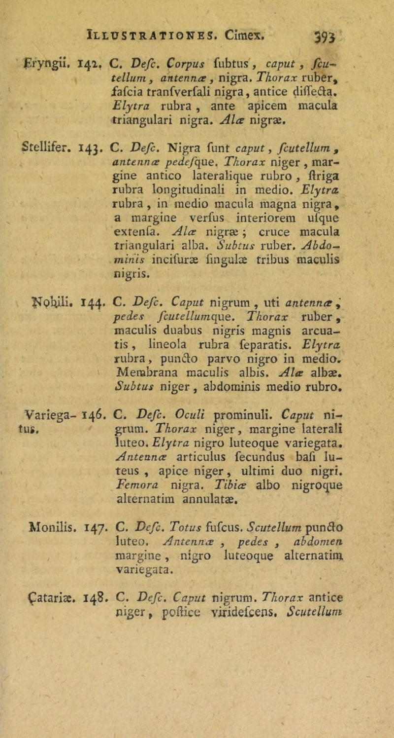 pryngii. 141, Stellifer. 143. I^phill, 144. Variega- 146. tus. Monilis. 147. (llatarice. 148. C. Vefc. Corpus fiibtus, caput ^ fcu- tellum , antenna , Thorax ruhtVy . fafcia tranfverfali nigra, antice difleda, Elytra rubra, ante apicem macula triangulari nigra. Ala nigrae. C. Dejc. Nigra funt caput, fcutellum , antenna pedefque. Thorax niger , mar- gine antico lateralique rubro, ftriga rubra longitudinali in medio. Elytra. rubra, in medio macula magna nigra, a margine verfus interiorem ufque extenfa. Ala nigrae; cruce macula triangulari alba. Subtus ruber. Abdo- minis incifurae fmgulae tribus maculis nigris. C. Defc. Caput nigrum , uti antenna pedes fcutcllumquQ. Thorax ruber, maculis duabus nigris magnis arcua- tis , lineola rubra feparatis. Elytra rubra, pundo parvo nigro in medio. Membrana maculis albis. Ala albae. Subtus niger, abdominis medio rubro. C. Defc. Oculi prominuli. Caput ni- grum. Thorax niger, margine laterali luteo. Elytra nigro luteoque variegata. Antenna articulus fecundus bafi lu- teus , apice niger, ultimi duo nigri. Femora nigra. Tibia albo nigroque alternatim annulatae. C. Defc. Totus fufcus. Scutellum pundlo luteo. Antenna , pedes , abdomen margine, nigro luteoque alternatim. variegata. C. Defc. Caput nigrum. Thorax antice piger, pollice viridefcens. Scutellum