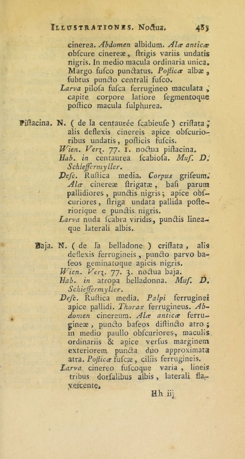 cinerea. Abdomen albidum. Ahr antica; obfcure cinereae, ftrigis variis undatis nigris. In medio macula ordinaria unica. Margo fufco pundatus. Pojiicce albae , fubtus pumilo centrali fufco. Larva pilofa fufca ferrugineo maculata capite corpore latiore fegmentoq^ue poftico macula fulpKurea. Hftacina, N. ( de Ia centauree fcabieufe ) criflata, alis deflexis cinereis apice obfcurio- ribus undatis, pollicis fufcis. Wien. Veri. 77* nodiia piUacina, Hab. in centaurea fcabiofa. Muf. DJ Schieffcrniyller. Defc. Rullica media. Corpus grifeum.' Ala cinereae llrigatae, bafi parum ' pallidiores , pundis nigris; apice obf— curiores, llriga undata pallida pofte- riorique e pundis nigris. Larva nuda Icabra viridis, pundis linea- que laterali albis. Ba]a. N. ( de Ia belladone. ) criflata , alis deflexis ferrugineis , pundo parvo ba- feos geminatoque apicis nigris. Wien. Veri. 77* 3* nodua baja. Bab. in atropa belladonna. Muf. D, Schiefferniylier. Defc. Rullica media. Palpi ferruginei apice pallidi. Thorax ferrugineus. Ab- domen cinereum. Ala antica ferru- gineae , pundo bafeos dillindo atro ; in medio paullo obfcuriores, maculis ordiiaariis & apice verfus marginem exteriorem punda djuo approximata atra. Poftica fufcae , ciliis ferrugineis. Larva cinereo fufcoque varia , lineis tribus dorfalibus albis, laterali fla- y.eicente, Hh iii