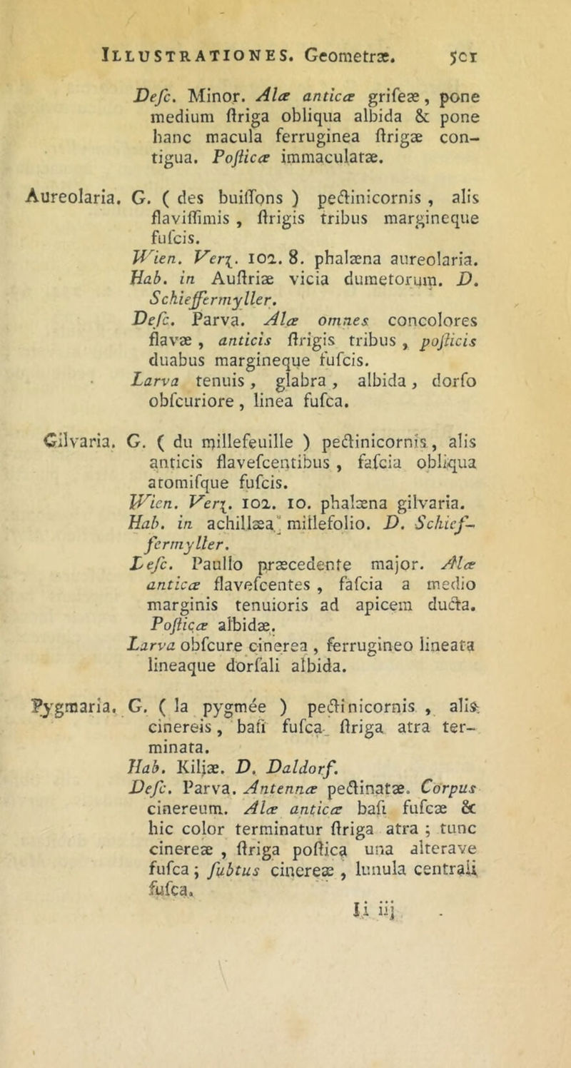 Defc. Minor. Ala antica grifeas, pone medium ftriga obliqua albida & pone hanc macula ferruginea ftrigae con- tigua. Pojiica immaculatae. Aureolaria. G. ( des buiffons ) peftinicornis , alis flaviflimis , ftrigis tribus margineque fulcis. Wien. Ver[. 101. 8. phalaena aureolaria. Hab. in Auftriae vicia dumetorum. D. Sckiejfermyller. Defc. Parva. Ala omnes concolores flavae , anticis flrigis tribus , pojlicis duabus margineque fufeis. Larva tenuis, glabra, albida, dorfo obfcuriore, linea fufea, Cilvaria. G, ( du rnillefeuille ) pedinicornis., alis anticis flavefcentibus , fafeia obliqua aromifque fufeis. Wien. Ver\. 102. IO. phalaena gilvaria. }iah. in achillaea, millefolio. D. Schief- fcrrnyller. Lefc. Paullo praecedente major. Ala antica flavefcentes , fafeia a medio marginis tenuioris ad apicem duda. Pojiica albidae,. Larva obfcure cine;r8a , ferrugineo lineata lineaque dorfali albida. Pygraaria. G. ( la pygmee ) pedinicornis , alij. cinereis, ball fufea. flriga atra ter- minata. Ilab. Kiljae. D. Daldorf. Defc. Parva. Antenna pedinatae. Corpus cinereum. Ala antica bafi fufeae & hic color terminatur driga atra ; tunc cinereae , ftriga podica una alterave fufea ; fubtus cinereae, lunula centraii fufea.