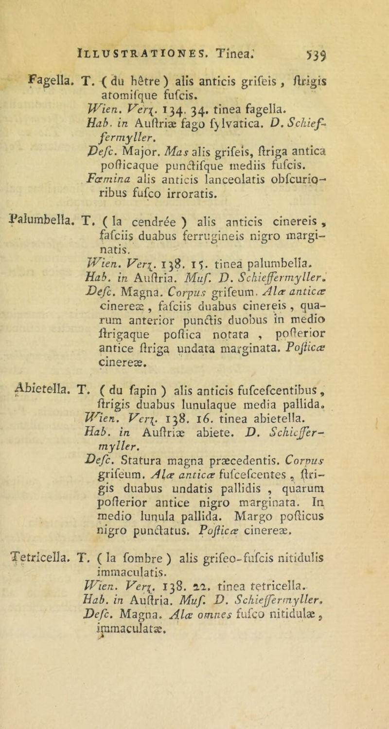 Fagella. T. ( du h$tre ) alis anticis grifeis , ftrigis afomifque fufcis. IVien. Ver\. T34. 34, tinea fagella. Hah. in Auflriae fago fjlvatica. D.Schief- fermyller. Pefc. Major. Mas alis grifeis, ftriga antica poflicaque piinclifque mediis fufcis. Faemina alis anticis lanceolatis obfcurio- ribus fufco irroratis. Palumbella, T. ( la cendree ) alis anticis cinereis , fafciis duabus ferrugineis nigro margi- natis. JVien. Ver[, 138. I), tinea palumbella. Hab. in Auflria. Muf. D. Schieffermyller. Defc. Magna. Corpus grifeum. Ala- anticce cinereae , fafciis duabus cinereis , qua- rum anterior pundlis duobus in medio llrigaque pofiica notata , poferior antice ftriga undata marginata. Fojliccs cinereas. Abietella. T. ( du fapin ) alis anticis fufcefcentibus, firigis duabus lunulaque media pallida, TC^ien. Ver\. 138. 16. tinea abietella. }lah. in Auflriae abiete. D. Schicjjer- myller. JDefe. Statura magna praecedentis. Corpus grifeum. Ala anticce fufcefcentes , flri- gis duabus undatis pallidis , quarum poflerior antice nigro marginata. In medio lunula pallida. Margo pofticus nigro pundatus. Pofticce cinereae. Tetricella. T. ( la fombre ) alis grifeo-fufcis nitidulis immaculatis. Wien. Veri. ^3^* finf3 tetricella. Hab. in Auftria. Muf, D. Schiejfermyller. Defc. Magna. Alce omnes fufco nitidulae, ijnmaculatae.