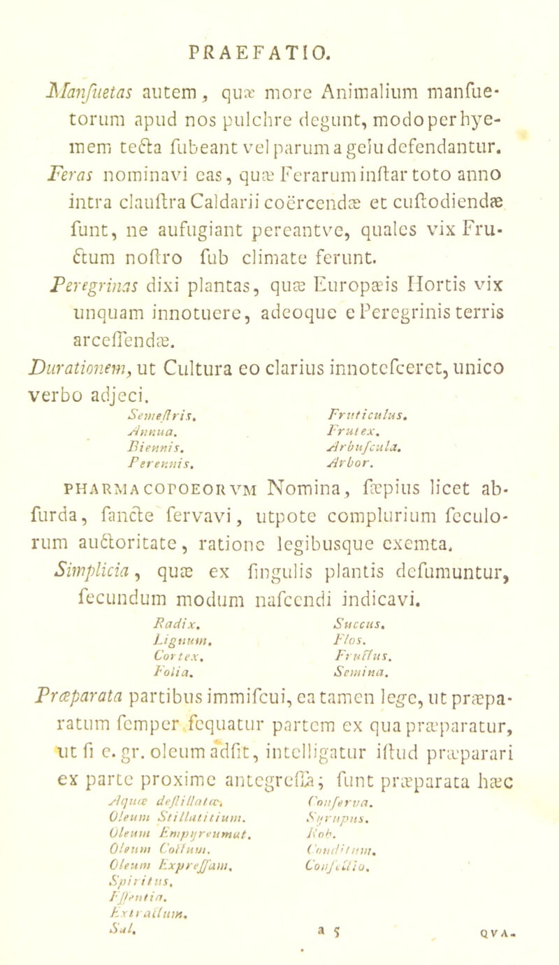 JManfiietas autem, qujc more x\nimaliiim manfue- torum apud nos pulchre degunt, modo per hye- mem tefta fubeant v^el parum a gelu defendantur. Feras nominavi eas, quLV Feraruminilar toto anno intra clauftra Caldarii coercendce et cuRodiendae funt, ne aufugiant pereantve, quales vix Fru- Ftum noflro fub climate ferunt. Peregrinas dixi plantas, quae Europteis Hortis vix unquam innotuere, adeoque e Peregrinis terris arceflend^E. Diirationem, ut Cultura eo clarius innotefeeret, unico verbo adjeci. Sei?te/Irix, yinttua. Biennis. Perennis. Fruticulus, Frui ex. xirbufciila. Arbor. PHARMAcoroEORVM Nomiiia, Repius licet ab- furda, fancte fervavi, utpote complurium fcculo- rum au6toritate, ratione legibusque exemta. Simplicia^ quae ex lingulis plantis defumuntur, fecundum modum iiafccndi indicavi. Padi X. Lignum. Coi't ex. Folia. Succus, Flos. Fruihis. Semina. Preeparata partibus immifeui, ea tamen leg-e, ut prspa- ratum femper fequatur partem ex qua pra'paratur, iitfi c. gr. oleum adfit, intclligatur illud prieparari ex parte proxime antcgrcRa; funt pixtparata htec Aqutc dejlillalw. Conferva. Oleum Stillatitium. Sifrupns. Oleum Emptjreumut. E oh. Oleum Colluut. ('ouriifinii. Oleum ExpreJJam. Conjluto. Spiritus, FJfeiitin. Exi rallum. Sal, a 5 QV A.