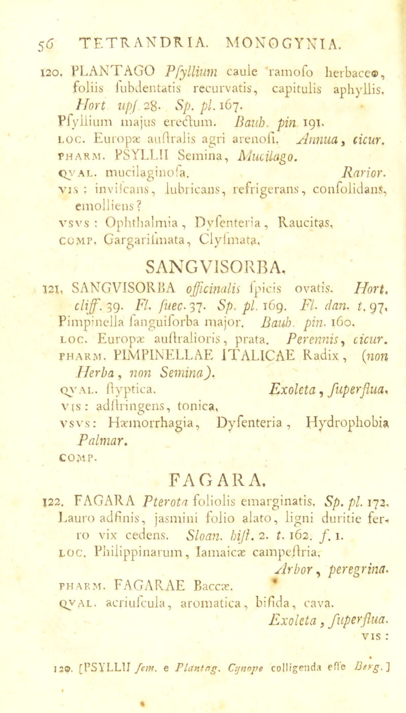 120, PLANTAGO Pfyllium caule ramofo herbacc®, foliis iubdentatis recurvatis, capitulis aphyilis, Hort up! 2%. Sp. pl. 167. Plyiliuin majus eredum. Bauh. pin 191, Loc. Europx auflralis agri arenofi. Annuae (icur. FHARjAi. PSYLIdl Semina, Mucilago. <y\'AL. mucilaginola. Rarior. VIS : invilcans, lubricans, refrigerans, confolidanS, emolliens ? vsvs : Ophtiialmia , Dyfenteria , Raucitas, COMP, Gargarilmata, Clyimata, SANGVISORBA, 121, SANGVISORBA officinalis Ipicis ovatis. Hort, cliff. 39. FL fiiec. 37. Sp. pl. 169. FI. dan. t. 97, Pimpinella languiforba major. Bauh. pin. 160. LOC. Europae auflralioris, prata. Perenniscicur. PHARM. PLMPINELLAE ITALICAE Radix, {non Herba , non Semina). C>A'AL. llyptica. Exoleta, fuperflua^ V(s: adllringens, tonica, VSVS': Harmorrhagia, Dyfenteria, Hydrophobia Pahnar. COAIP. FAGARA. 122, FAGARA foliolis emarginatis. Sp.pl. 112. l.auro adfinis, jasniini folio alato, ligni duritie fer.* ro vix cedens. Sloan. hiji. 2. t. 162. /. i. LOC. Philippinarum, lamaicae campeflria. Arbor, peregrina. PHARM. FAGARAE Bacene. * QV'AL. acriulcula, aromatica, bifida, cava. Exoleta, fuperflua. VIS: 12®. [PSYLLI! /an. e Phuttng. Cynope colligenda efle Beyg.'\