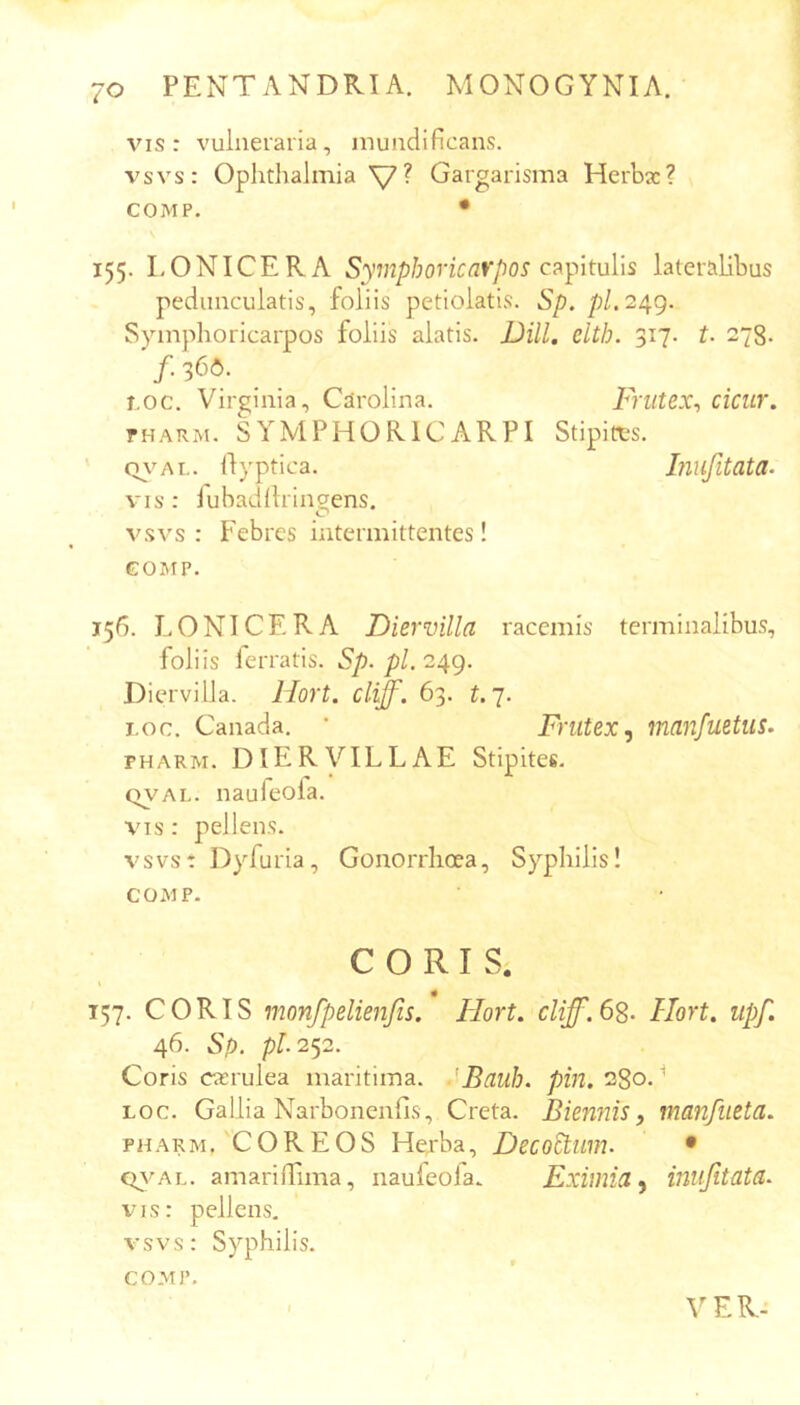 vis: vulneraria, inundificans. vsvs: Ophthalmia Gargarisma Herba:? COMP. • \ 155. LONICERA Symphoricarpos cPiptulls lateralibus pedunculatis, foliis petiolatis. Sp. pl.2/^g. Symphoricarpos foliis alatis. DHL elth. 317. t. 278. /•36*5. i.oc. Virginia, Carolina. Frutex^ cicur. THARM. SYMPHORICARPI Stipifts. Q\'Ar,. rtyptica. Inufitata- vis: fubadllrincrens. o vsvs : Febres intermittentes! GOMP. 156. LONICERA Diervilla racemis terminalibus, foliis ferratis. Sp. pl. 249. Diervilla. Hort. cliff. 63. 7. I.oc. Canada. * Frutex^ manfuetus. PHARM. DIERVILLAE Stipites. QVAi.. nauleola. VTs: pellens. vsvs: Dyfuria, Gonorrhoea, Syphilis! COMP. CORIS. 157. CORIS monfpelienjis. Hort. cliff. 6S- Hort. iipf. 46. Sp. pl.2<)2. Coris catrulea maritima. .'Bauh. pin. 2^0.'' Loc. Gallia Narbonenlis, Creta. Biennisy manfueta. PHARM,'COR EOS Hejba, Decorum. • Q^vAL. amarilTima, naufeofa. Eximia^ inufitata. vis: pellens, vsvs: Syphilis. COMP. VER.