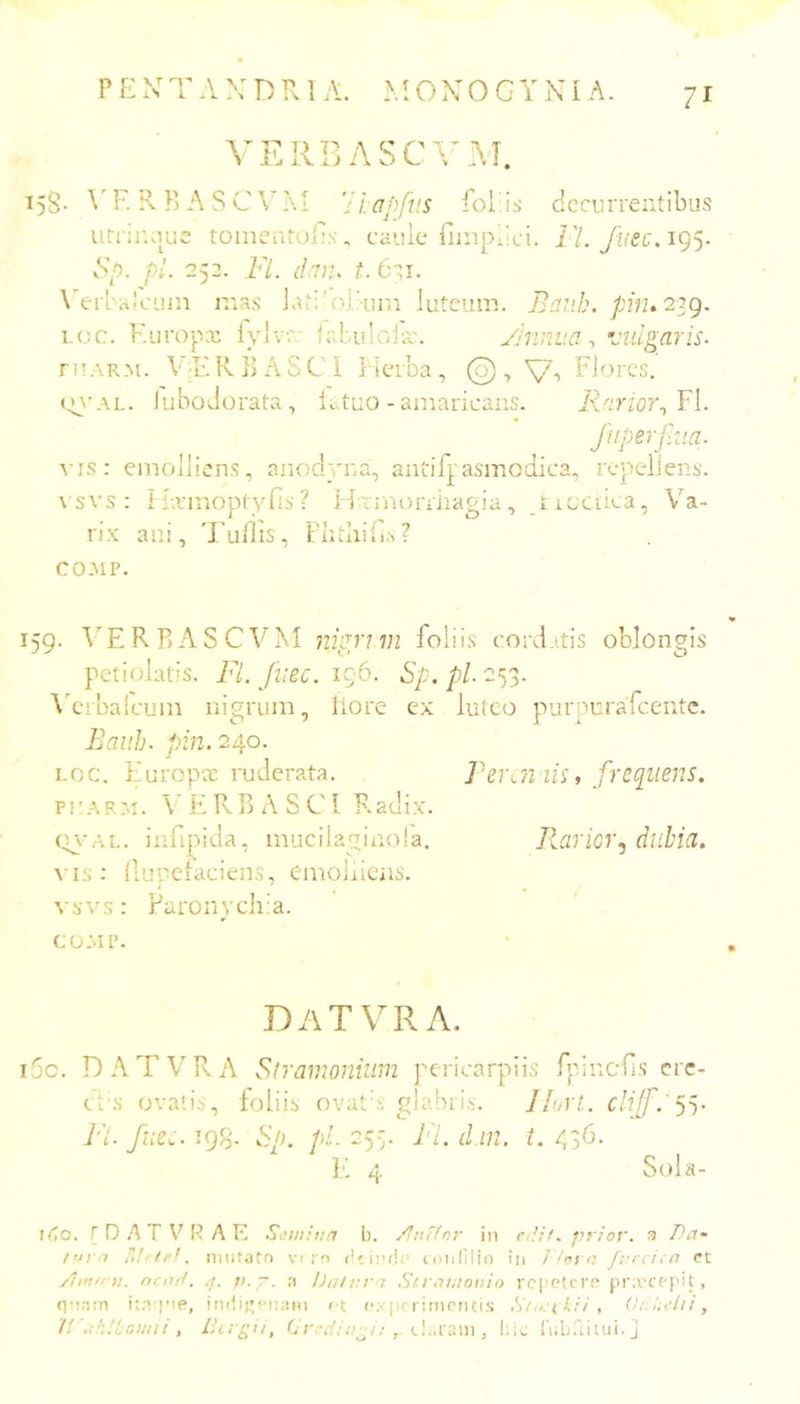 VERBASCVAI. 158- E R B A S C\'M 'ii.cipfus foi'A decurrentibus utrir.viue toincntolls, caule finipiici. i'l. Sp. pl. 253. ,Z7. (Im:> t. 631. \ erbajCLun rnas lat;'ol’um luteum. Bciiih. p)in.22g. 1.0C. Kuropx iylvr falulc.ls:. yJnniui ■, Jiugaris- ruARM. V'A'.RBASCI Herba, (o), V-> Elores. tn'AL. luboJorata, iatuo - amaricans. R^irior^Yl. fiiperfiiia. \is: emolliens, anoebrna, aiitifpasmodica, repellens, vsvs : H-.rmoptyns ? Hxinoriiiagia , tiuaAa, Va- rix ani, 'l'ullis, FlitliiE.s? CO.MP. 159. ^'ERRASeVM niurim foliis' cordatis oblongis pctiolatis. Fl. fiiec. 156. Sp. pl 253. WTbaicum nigrum, llorc ex luteo purpurafeente. Eauh. pin. 2go. Loc. Europae ruderata. Tenn lis, frcqiiens. PTARai. V E RB A S CI Radix. (y\'AL. infipida, mucilaginola, R.ariGV^ dlibia. \ is: llupctaciens, emolliens, vsvs: FaronycliA. CO-MP. DaTVRA. i5c. DATVRA Stramonium pericarpiis fpiucfis cre- el s ovatis, foliis ovatA glabris. Ilurt. CiiJf.'SY Fl 198- Sp. pl 255. FL d.in, t. /,36. E 4 Sola- jGo. r D a t a e Semiun b. /hiTfnr in edif. prior, a Tia- l’jyn Td-tel, nintato vi jo loiilllio in / iot a fv.rci, n c*t yltaffti. ncnrf. y. r. :i l)nli;ra Strntnonio rc|'Ptcrf^ pr;vcc-pit , fin.Tin it.T:|’ie, « t c.viici imptiti.s S/n. ikii , (d. i.dii, ‘ir.ihiiomii , Ihrgii, 6^ tlofaiii, I;ic rub.3iuii.]