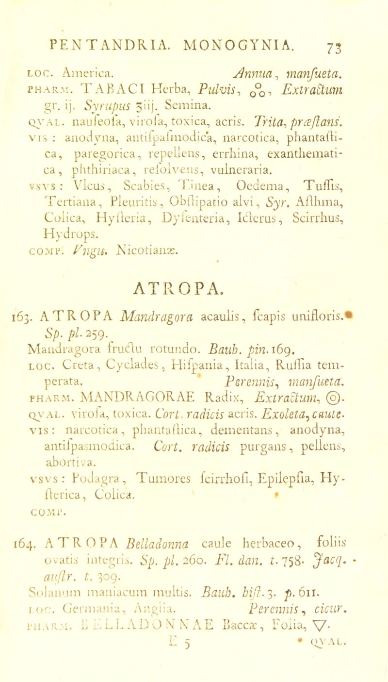 Loc. America. y^nnua^ manfueta. PHAR.Nr. TABACI Herba, Pidvis-, Extractum gr. ij. Syrupus 5iij. Semina. Q\’.AL. aauleola, virola, toxica, acris. Trita^ praflans. VIS : anodyna, antilpa(modica, narcotica, phantafU- ca, paregorica, repellens, errhina, exanthemati- ca, plithiriaca, reioA^ens, vulneraria. vsvs: Vicus, Scabies, Tinea, Oedema, TufTis, Tertiana, Pleuritis, Obilipatio alvi, Syr, Alluna, Colica, Hyllena, Dylenteria, Icterus, Scirrhus, Hydrops. co.Mf. Engu, Nicotianas. ATROPA. A TROPA Mandragora acauiis, fcapis unifloris.* Sp. pl 259. Mandragora Iruclu rotundo. Banh. pin.iSg. LOC. Creta, Cyclades, Elilpania, Italia, Rulha tem- perata. ' Fsrennhy manfueta. FH.ARM. MANDRAGORAE Radix, Extractimii (o). Q\'.\L. virola, toxica. Cori, radicis acris. Exoleta^caute- vis: narcotica, phantadica, dementans, anodyna, antilpasmoclica. Cort. radicis purgans, pellens, abortiva. vsvs : Podagra, Tumores Icirrliofi, Epilepfia, Hy- iPerica, Colica. » COMI*. 164. TROPA Belladonna caule herbaceo, foliis ovatis integris. Sp.pi.260. Fl. dan. i. 758- * aiiJlr. t. 309. Solanum maniacum multis. Bauh. hijl.^- p.6u. i.oc. Germania, Angiia. Perenniscicur. ni.v h i-’. L i- A D O N N A E Baccac, Eoria, 17-