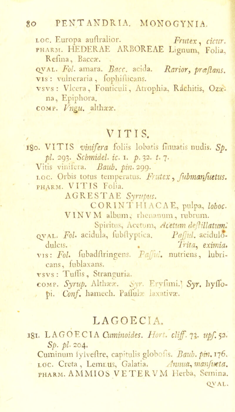 Loc. Europa auAralior. Frutex^ cicur. PHARM. HEDERAE ARBOREAE Lignum, Folia, Refina, Baccjr. (v\'al. Fol. amara. Brtcc. acida. Rarior, prxftans. VIS : vulneraria , fophiAicans. vsvs : Vdeera, Fonticuli, Atrophia, Rdehitis, Ozx- na, Epipliora. COMP. Vngu. althaea:. I T I s. i8o. VITIS •vinifera follis lohatis flnuatis nudis. Sp, pl. 293. Schfmdel. ic. i. p. 32. t. 7. Vitis viniiera. Baiib. pin. 299. i.oc. Orbis totus temperatus. Fnitexfubmanfuetiis. PHARM. \n'ITS Folia. AGRESTAE Syrupus. C O R1N 7' HIA C A E, pulpa, lohoc. VINVM album, rheuanum, rubrum. Spiritus, Acetum, Acetum (lefHllatum* Oy\L> FqU acidula, lubftyptica. Poful. acidulo- dulcis. . YfzYa, eximia» vis: FoL fubadflringens. Fafful. nutriens, lubri- cans, fublaxans. rsvs : Tulhs, Stranguria. COMP. Syrup. Althaea:. A\t. Eryfiml.'! Syr. hylTo- fi. Conf. hamech. Pallula: laxativa:. LAGOECIA, * ^ 181. LAGOFCIA Cuminoides. Blort. cliff. 73. upf. 53. Sp. pl 204. Cuminum lylveAre, capitulis globofls. Bauh.pm.il6. LOC. Creta, Lemi.us, Galatia. Annua, manfueta. PHARM. AMMIOS VETERVM Herba, Semina. QNAL.