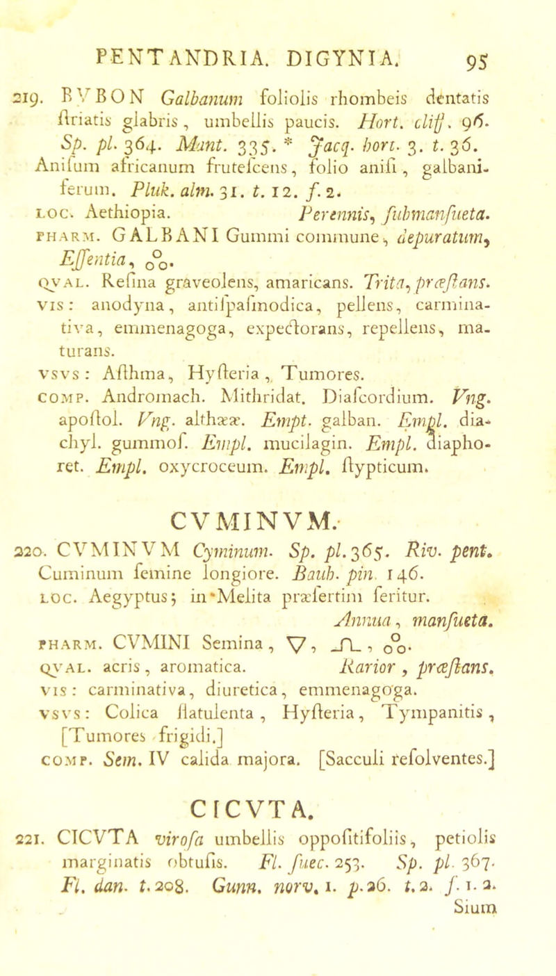 219. K V B O N Galbanum foliolis rhombeis dentatis Ariatis glabris, umbellis paucis. Hort. clijj > 9A. Sp. pl. 364. Mant. 335, * Jacq. hort. 3. i. 36. Anifum africanum frutelcens, folio anifi, galbani. ferum. Pluk. alni. 31. 12. /. 2- Loc. Aethiopia. Fer mnisfuhmanfiieta. THARM. GALBANI Gummi commune^ depuratum^ EJJentia, (WAL. Refina graveolens, amaricans. Trita.) prreflans. vis: anodyna, antilpalmodica, pellens, carmina- ti va, emmenagoga, expeddorans, repellens, ma- turans. vsvs : AAhma, HyAeria , Tumores. co.MP. Andromach. Mitliridat. Dialcordium. Vng. apoAol. Fng. alth^ax Empt. galban. Einpl. dia-* chyl. gummof. Empl. mucilagin. Empl. diapho- ret. Empl. oxycroceum. Empl, Aypticum. CVMINVM. 220. CVMINVM Cyminum. Sp. pl.^^S. Riv. pent. Cuminum femine longiore. Bauh. pin. 146. LOC. Aegyptus 5 in‘Melita pradertim feritur. Annua, manfmta. PHARM. CVMINI Semina, V? -A-•> o^- Q\’AL. acris , aromatica. Rarior , prajians, vis: carminativa, diuretica, emmenagoga. vsvs: Colica ilatulenta , HyAeria, Tympanitis, [Tumores frigidi.] co.MP. Sein. IV calida majora, [Sacculi refolventes.] CICVTA. 221. CICVTA virofa umbellis oppofitifoliis, petiolis marginatis obtufis. FL fuec. 253. Sp. pl- 367. Fl.dan. t.20^. Gunn, norv,i. p.26. t.2. J.1.2. Sium