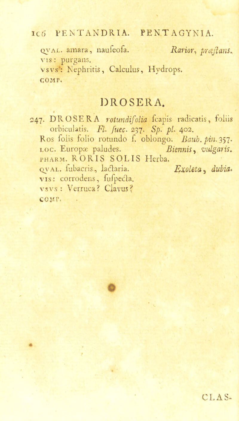 iCf) FENTANDRIA. PEN.TAGYNIA. Q\’AL. amara, naufeofa. Rarior^ prcylans^ VIS: purgans. vsvs': Nephritis, Calculus, Hydrops. COMP. DROSERA. 247. DROSERA rotundifolia fcapis radicatis, foliis orbiculatis. FL fuec. 237. Sp. pl. 402. Ros folis folio rotundo f. oblongo. Bauh. pin.s^j. Loc. Europx paludes. Biennis^ vulgaris. i-HARM. RORIS SOLIS Herba. OyAL. lubacris., ladlaria. Exobta-^ dubia* vis: corrodens, fufpedla. V s V s : Verruca ? Clavus ? CO,MP. CLAS-