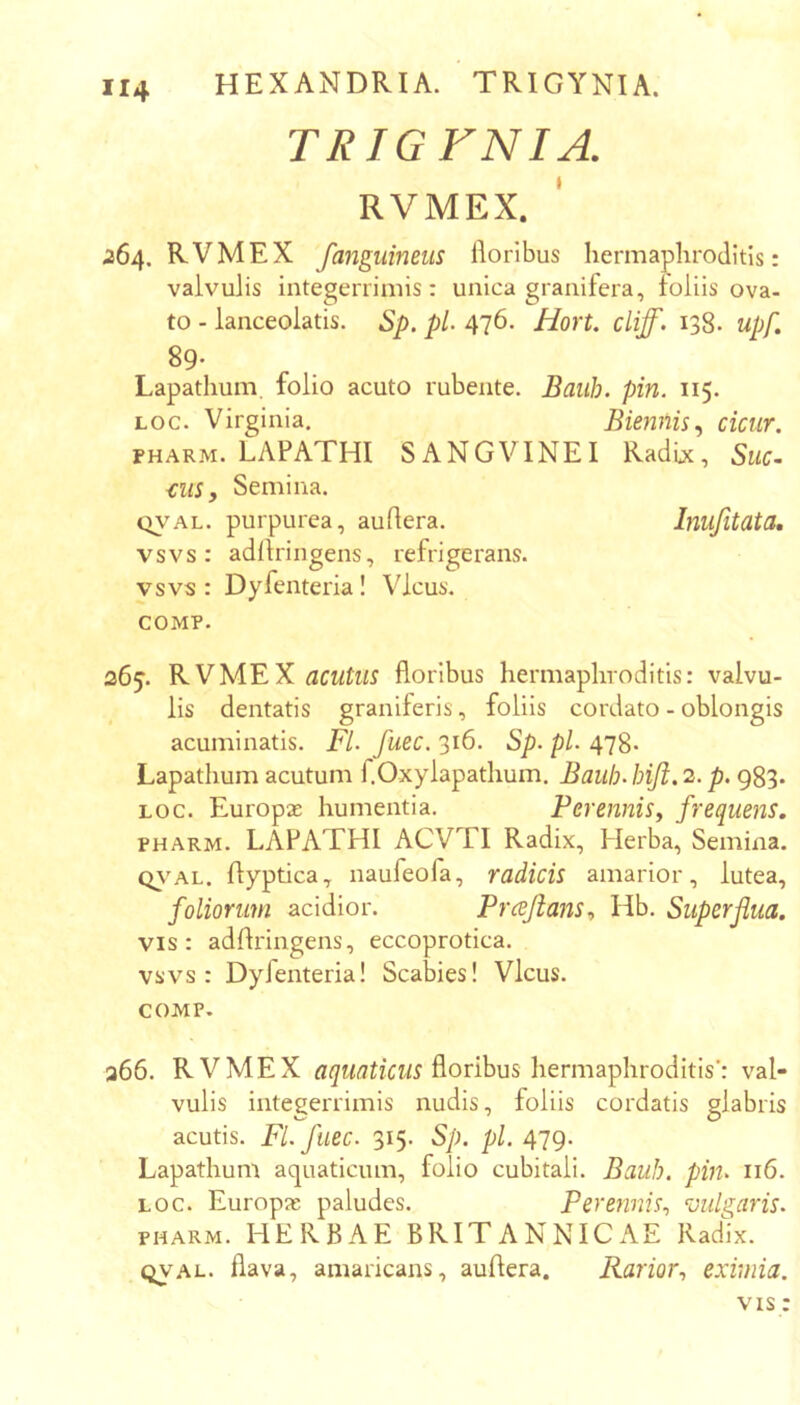 TRIGFNIA. RVMEX. 264. RVMEX fanguineus floribus hermaphroditis; valvulis integerrimis; unica granifera, foliis ova- to - lanceolatis. Sp. pL 476. Hort. cliff. 138. upf, 89- Lapathum, folio acuto rubente. Baiih. pin. 115. Loc. Virginia. Biennis^ cicur. PHARM. LAPATHI SANGVINEI Radix, Smc- cus y Semina. Q\'AL. purpurea, auflera. Inufitata, vsvs: adllringens, refrigerans, vsvs : Dyfenteria ! Vicus. COMP. 265. KVME X acutus floribus hermaphroditis: valvu- lis dentatis graniferis, foliis cordato - oblongis acuminatis. Fl. fuec. 316. Sp- pl- 478- Lapathum acutum f.Oxylapathum. Bauh- bift. 2. p. 983. LOC. Europae hu menti a. PerenniSy frequens, PHARM. LAPATHI ACVTI Radix, Herba, Semina. Q\^AL. flyptica, naufeofa, radicis amarior, lutea, foliormn acidior. Prcejians, Hb. Superflua. vis: adflringens, eccoprotica. vsvs: Dyfenteria! Scabies! Vicus. COMP. 266. RVMEX floribus hermaphroditis': val- vulis integerrimis nudis, foliis cordatis glabris acutis. FL fuec. 315. Sp. pl. 479. Lapathum aquaticum, folio cubitali. Bauh. pin- 116. LOC. Europae paludes. Perennis., milgaris. PHARM. HERBAE BRITANNICAE Radix. (j^AL. flava, amaricans, auflera. Rarior-, eximia. VIS: