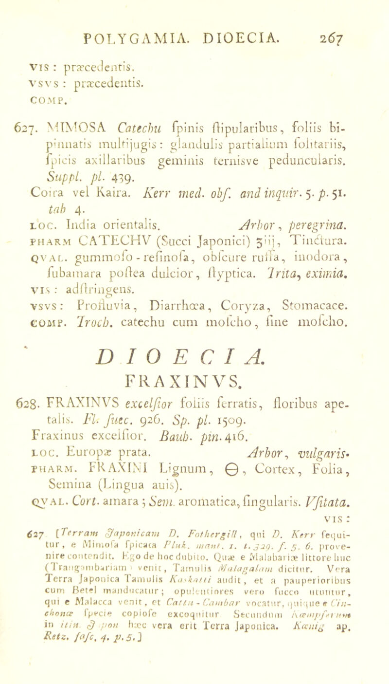 VIS : prxceJcntis. vs\’s : procedentis. COMP. 627. MTN^OSA Ccitechii fplnis fHpuIaribus, foliis bl- puuiatis multijugis: glandulis partialium lolitariis, fpicis axillaribus geminis ternisve peduncularis. Suptl. pl. 439. Coira vel Kaira. Kerr mecl obf. and inqiiir. p. tnh 4. Loc. India orientalis. Jirhor ■, peregrina. PHAR.M CATECHV (Succi Japonici) 511], Tintfiura. Q\’AL. gummoio - refinola, obicure ruifa, inodora, fubamara poHea dulcior, Ilyptica. 'liita^ eximia, VIS : adiiringens. vsvs: Proliuvia, Diarrhoea, Coryza, Stomacace. COMP. 'iroeb. catechu cum molcho, fine moiclio. DIOECIA. FRAXINVS. 628. FRAXINVS excelfior foliis ferratis, floribus ape- talis. Fl. fiiec. 926. Sp. pL 1509. Fraxinus cxceiflor. Baub- pin.416. Loc. Europo prata. Arbor., vulgaris- THARM. FRAXINI Lignum, 0, Cortex, Folia, Semina (Lingua auis). OyAL. Cort. amara j Sem. aromatica. Angularis. Vfitata. 1 s : 627 [Terram ^apor.icam D. FothergiU, qui D. Kerr fequi- tur, e iSlinioiH rjiicata Pluk. matit. i. f- 5, 6, prove- nire contendit. i',go de hoc dubito. Qu* e Malabai iee littore huc ( 1 raMg'inib:«riam venit, famulis MalagaLim dicitur. Vera 1 erra Japonica lamuli.s audit, et a pauperioribus cum ftetel manducatur; opiilciiiiorcs vero fucco iitumur, qui e Malacca venit, et Cnftn-Cainbar vocatur, (j uique <r t'/;;- ehoncc fpvcie copiofe excoquitur Stcuiidum in iiift (I) pon luce vera erit Terra Japonica. Kccni^ ap. Retz, fa/c, p. 5, J