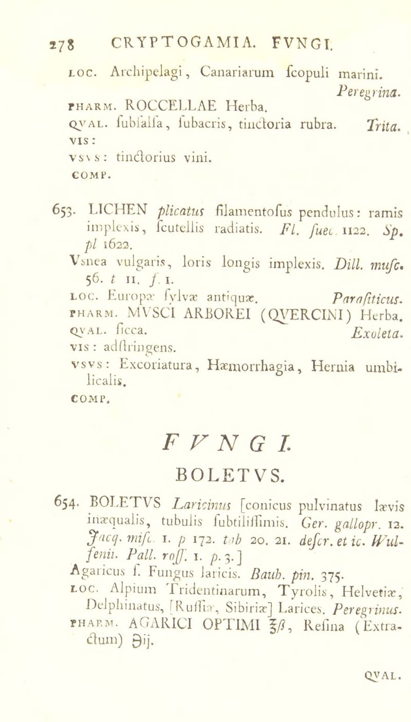 LOC. Arcliipdagi, Canariarum fcopuli marini. Peregrina. THARM. ROCCEIXAE Herba. Q\'AL. fublaila, lubacris, tindoria rubra. Trita. VIS : vs\s: tiiidorius vini. COMF. 653- EICHEN plicatum filamcntofus pendulus: ramis implexis, icutcliis radiatis, FL. fuee 1122. Sp, pl 1622. Vsnea vulgaris, loris longis implexis. DHL mtifc. 56. t II. y. 1. LOC. Europa- fylva’ antiqua. Parnfiticus. PHARM. MVSCl ARBOREI (QVERCINI) Herba. Q\’AL. flcca. Exoleta. VIS : add lingens. vsvs: Excoriatura, Hamorrhagia, Hernia umbi- licalis. COMI’. F F N G I. BOLETVS. 654. BOLETVS Eariemus [conicus pulvinatus lavis inaqualis, tubulis iubtilillimis. Cer. gallopr. 12. Jncc]. mift. i. p 173. t ib 20. 21. defer, et ic. Wul- fenii. Pali. roff. i. p. 3.] Agaiicus 1. Fungus laricis. Bauh. pin. 375. LOC. Alpium rridentinarum, Tyrolis, Helvetia, Delpliinatus, iRullia, Sibiria] l.arices. Peregrinus. PHARM. AGARICI optimi f/?, Reilna (Extra- dum) 0ij. Q}'AL.