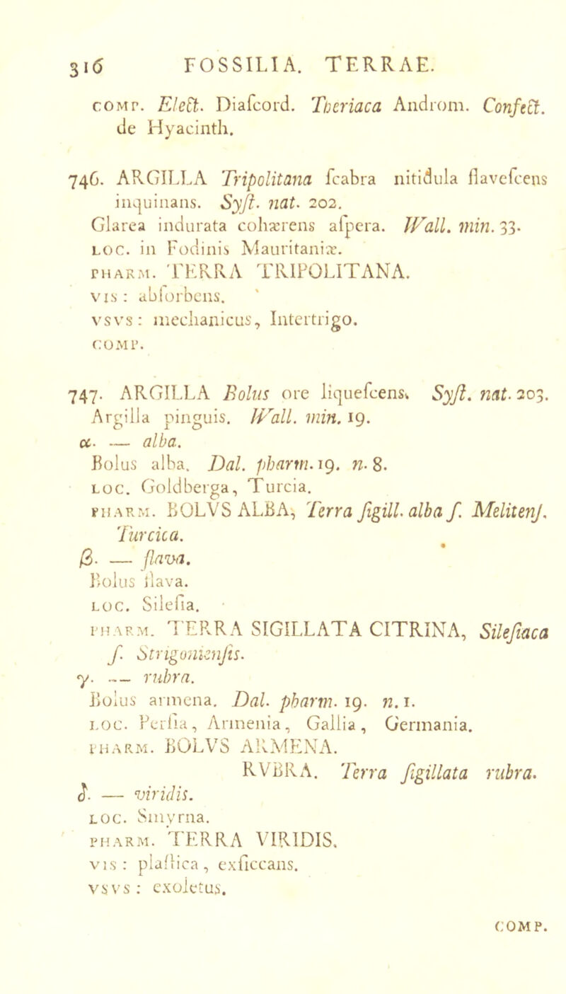 coMr. Ele^. Diafcord. Tueriaca Aiidrom. Confect. de Hyacinth. 74G. ARGILLA Tripolitana fcabra nitidula flavefcens inquinans. Syjt. nat. 202. Glarea indurata cohxrens alpera. Wall. min. 33- LOC. in Fodinis Mauritania:. ruARM. 'FERRA TRIPOLITANA. vi.s: ablorbcns. vsvs: meclianicus. Intertrigo. COMI’. 747. ARGILLA Bolus ore liquefcenSk Syji. nat. 203. Argilla pinguis. Wall. min. 19. 01,. — alba. Bolus alba. Dal. pharm.ig. n.S. LOC. Goldberga, Turda. riiARM. BOLVS ALBA, Terra figill.alba f. MelitenJ. 'Turcica. /3. — flnihi. Bolus Jiava. LOC. Silefia. 1’HAF.M. TERRA SIGILLATA CITRINA, Silefiaca f. Stngomenjis. <y. rubra. Bolus armcna, Dal. pharm. 19. n. i. LOC. Fcrlia, Armenia, Gallia, Germania, LHARM. BOLVS ARMENA. RVBRA. 'Terra figillata rubra. J. — viridis. LOC. Smyrna. PHARM. TERRA VIRIDIS, vis: plaflica, exficcans. vsvs; e.Koletus.