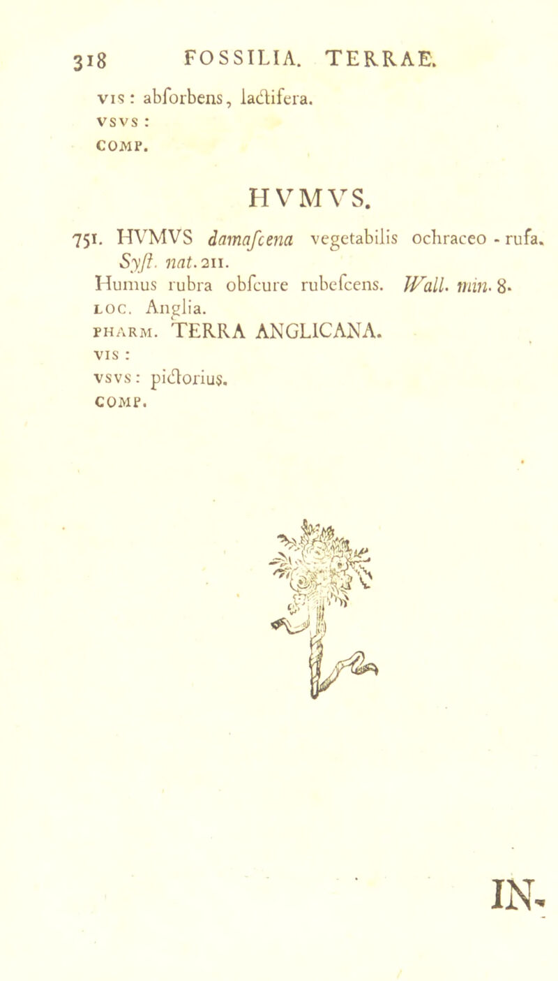 vis: abforbens, ladifera. vsvs : COMP. HVMVS 751. HVMVS damafcena vegetabilis ochraceo - rufa. Syft. nat.2u. Humus rubra obfcure rubefcens. Wall. min. 8* Loc. Angi i a. PHARM. TERRA ANGLICANA. VIS : vsvs: pidtorius,