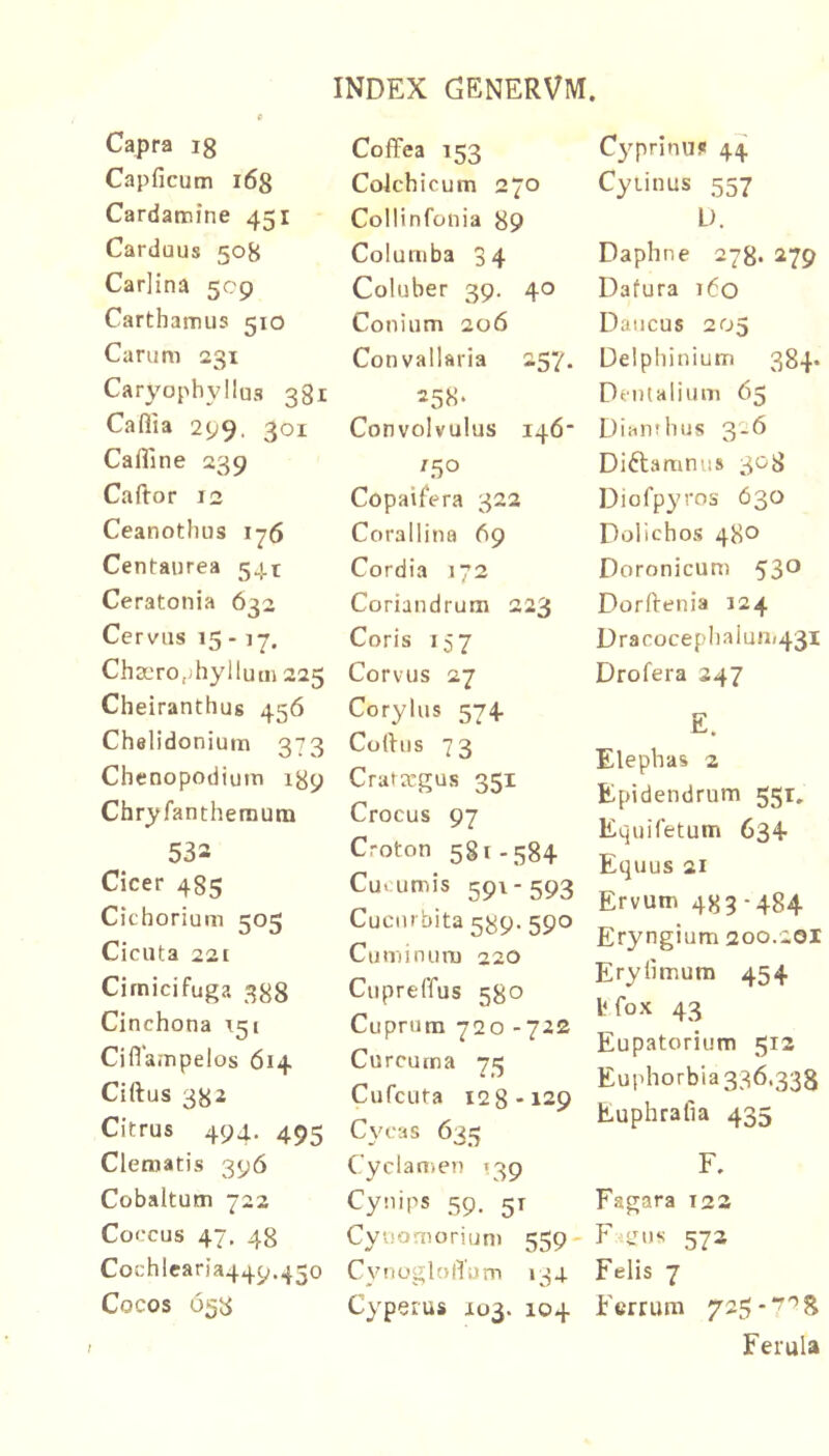 Capra ig Capficum i6g Cardatnine 451 Carduus 50B CarJina 509 Carthamus 510 Carum 231 Caryophyllus 381 Caflia 299. 301 Cafllne 239 Cador 12 Ceanothus Centaurea 541 Ceratonia 632 Cervus 15-17. Cha.'ro,-hyilum225 Cheiranthug 456 Chelidonium 373 Chenopodiuin 189 Chryfanthemum 533 Cicer 485 Cichorium 505 Cicuta 221 Cimici fuga 388 Cinchona 151 Ciflampelos 614 Ciftus 382 Citrus 494. 495 Clematis 396 Cobaltum 722 Coccus 47. 48 Cochlcaria449,43o Cocos 658 CoflPea 153 Colchicum 270 Coilinfonia 89 Columba 34 Coluber 39. 40 Conium 206 ConvalUria 257. Convolvulus 146* Copaifera 322 Corallina 69 Cordia 172 Coriandrum 223 Coris 157 Corvus 27 Corylus 574 Codus 73 Cratxgus 351 Crocus 97 Croton 581-584 Cuvumis 591-593 Cucurbita 589. 590 Cuminum 220 Cupreffus 580 Cuprum 720 -722 Curcuma 75 Cufcuta 128-129 Cycas 635 Cyclaoien >39 Cyuips 59. 51 Cyuomorium 559- CynuglolTum 134 Cyperus 103. 104 C3'prinu? 44 Cyiinus 557 L). Daphne 278. 279 Datura 160 Daiicus 205 Delphinium 384. Dentalium 65 Dianthus 326 Diftamnus 308 Diofpyros 630 Dolichos 480 Doronicum 53® Dordenia 124 Dracocepliaiun/431 Drofera 247 E. Elephas 2 Epidendrum 551. Equifetum 634 Equus 21 Ervum 483-484 Eryngium 200.201 Erylimum 454 bfox 43 Eupatorium 512 Euphorbia 336.338 Euphrati a 435 F. Fagara 122 FtJUS 572 Felis 7 Ferrum 7258 Ferula