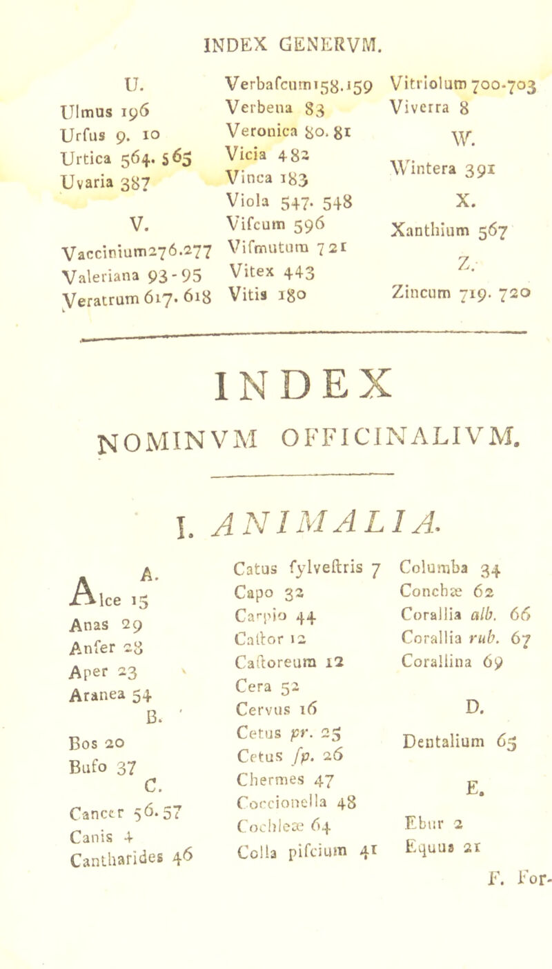 U. Ulmus 196 Urfus 9. 10 Urtica 564. 563 Uvaria 3B7 V. Vaccinmm276.277 Valeriana 93-95 ^eratrum 6i'7* 618 Verbarcumi5B.i59 Verbena 83 Veronica Bo. gi Vicia 483 Vinea 183 Viola 547. 548 Vifcum 596 VifnuiturD 721 Vitex 443 Vitis igo Vitriolum 700-703 Viverra 8 W. Wintera 391 X. Xantliium 567 Z. Zincum 719. 720 INDEX MOMINVM officinalivm. 1. ANIMALI A. A, jLAlce 15 Anas 29 Anfer 28 Aper 23 Aranea 54 B. ' Bos 20 Bufo 37 C. Canctr 56.57 Canis 4 Cantharides 46 Catus fylveftris 7 Capo 33 Caf-pio 44 Callor J3 Caftoreura i2 Cera 53 Cervus 16 Cetus pr. 25 Cetus fp. 26 Chermes 47 Corcionella 48 Coclilea? 64 Colla pifeium 41 Columba 34 Conchse 62 Corallia alb. 66 Corallia rub. 67 Coralliiia 69 D. Dentalium 65 E. Ebur 2 Equus 2t E. For