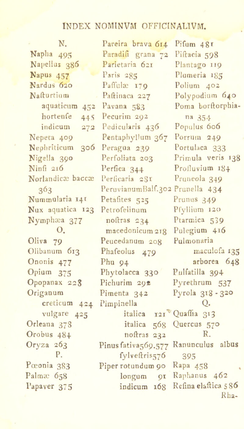 N. Pareira brava 614. Pifum 48r Napha 495; Paradifi grana 72 Piftacia 598 Napelius 3^6 Parietaria 621 Plantago 119 Napus 457 Paris 285 Plumeria i85 Nardus 6:20 Paflular 179 Polium 402 Nafturtiuni Paftiiiaca 227 Polypodium 640 aquaticum 452 Pavana 5S3 Poma borftorphia- horteufe 445 Pecuriin 292 354 indicum 272 Pedicularis 436 Populus 606 Nepeta 409 Pcntaphyiium 367 Porrum 249 Nephriticum 306 Peragua 239 Portulaca 333 Nigella 390 Perfoliata 203 Primula veris 138 Ninfi 2i6 Perfica 344 Proiluvium 184 Norlandicsc baccse Perlicaria 281 Pruncola 349 363 Peruvianumliair.302 Prunella 434 Nummularia iqt Petalites 525 Prunus 349 Nux aquatica 123 Petrofelinum Pfyllinm 120 Nymphaea 377 nollras 234 Ptarmica 539 0. macedonicum 2Tg Pulegium 416 Oliva 79 Peucedanum 208 Pulmonaria Clibanum 613 Phafeolus 479 maculofa 135 Onoriis 477 Phu 94 arborea 648 Opium 375 Pbytolacca 330 Pulfatilla 394 Opopanax 228 Pichurim 29« Pyrethrum 537 Origanum Pimenta 342 Pyrola 318-320 creticum 424 Pimpinella Q. vulgare 425 italica 121’^' QuafiTia 313 Orieana 378 italica 568 Quercus 570 Orobus 48+ noftras 232 R. Oryza 263 Pinus fativa569.577 Ranunculus albus P. fylvefl:ris576 395 Poeonia 383 Piper rotundum 90 Rapa 458 Palmx’ 658 longum 91 Raphanus 462 Papaver 375 indicum 168 Refina elaftica 586 Khi